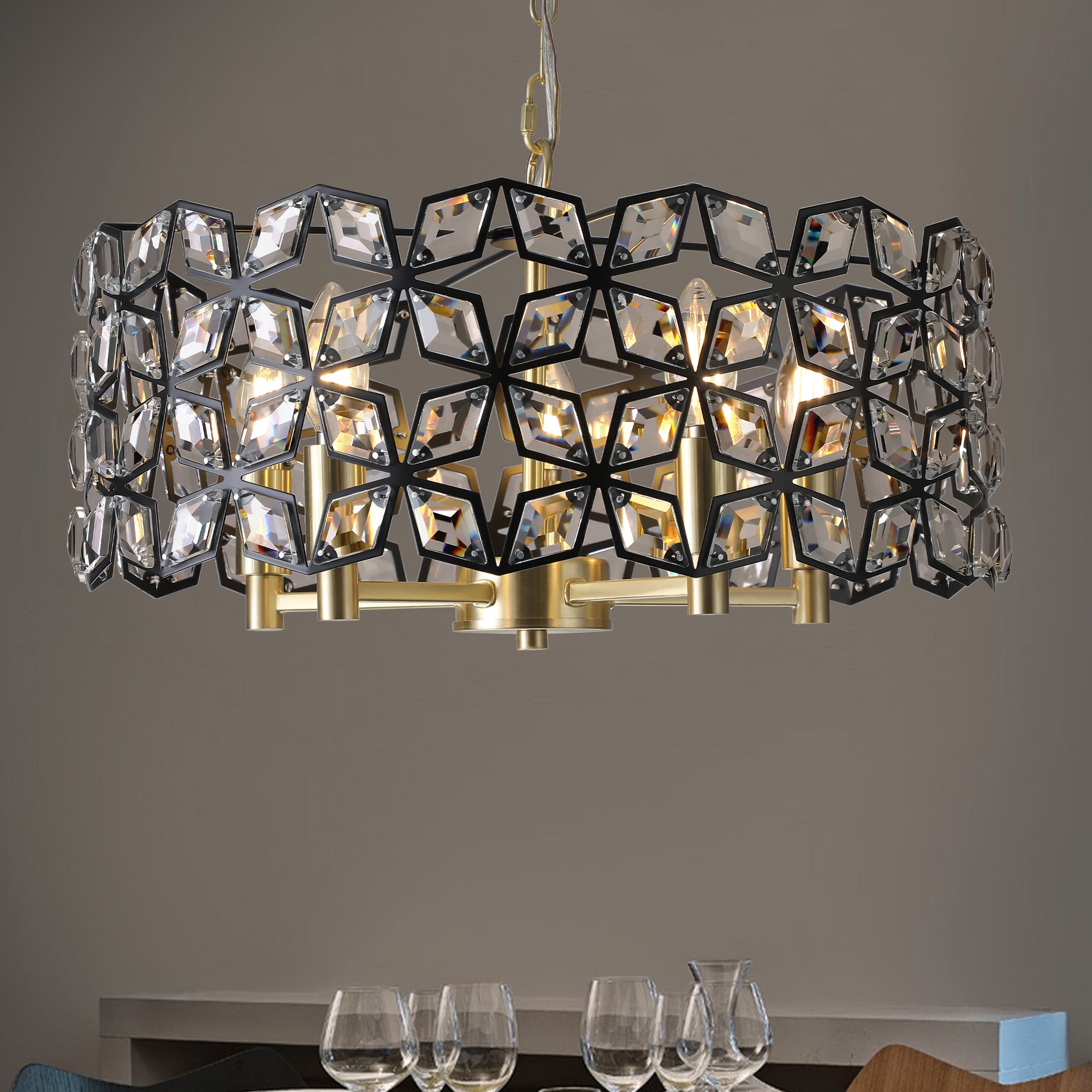 Pendant Light with Round Crystal and Diamond Shape