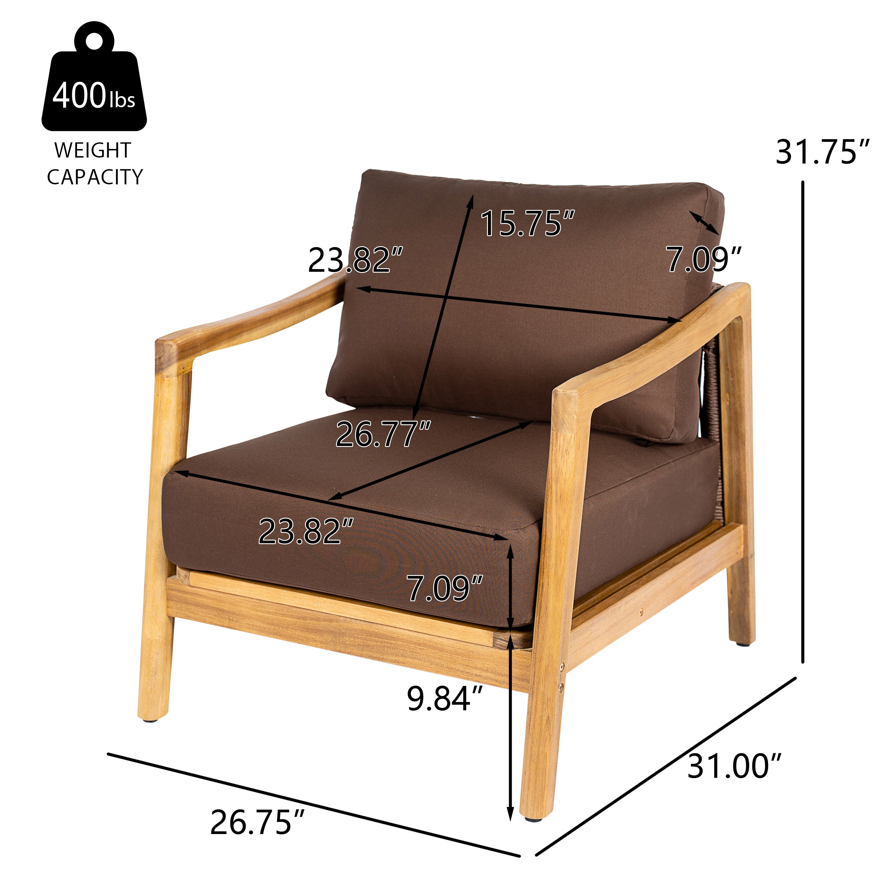 Outdoor Club Chair, Acacia Wood Frame with Rope Back Detail, Water-Repellent Beige Cushions