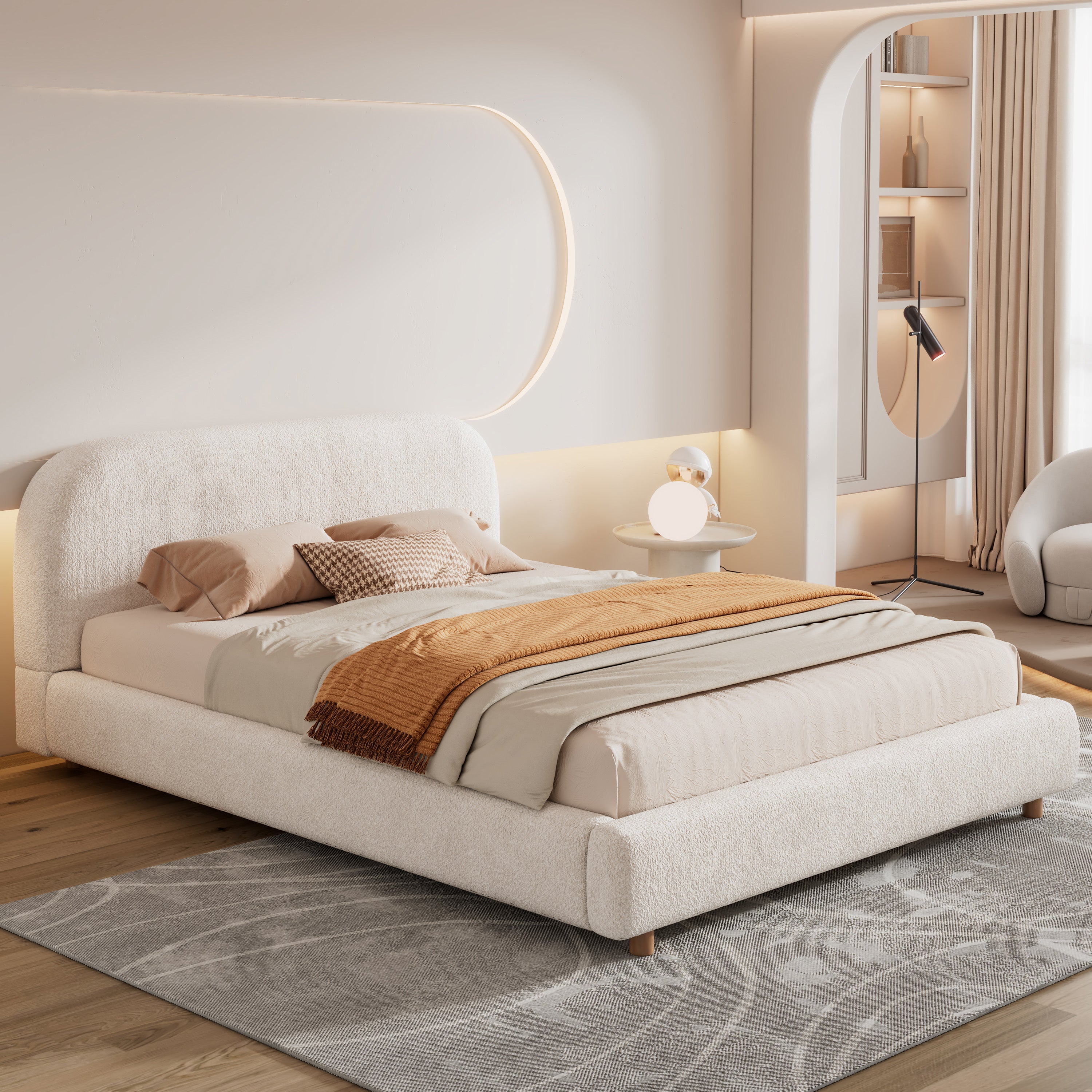 Boucle Fabric Upholstered Platform Bed with Curve-Shaped Design Headboard