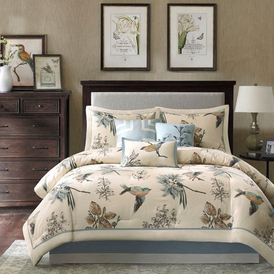 7 Piece Spring Finch Printed Cotton Twill Comforter Set