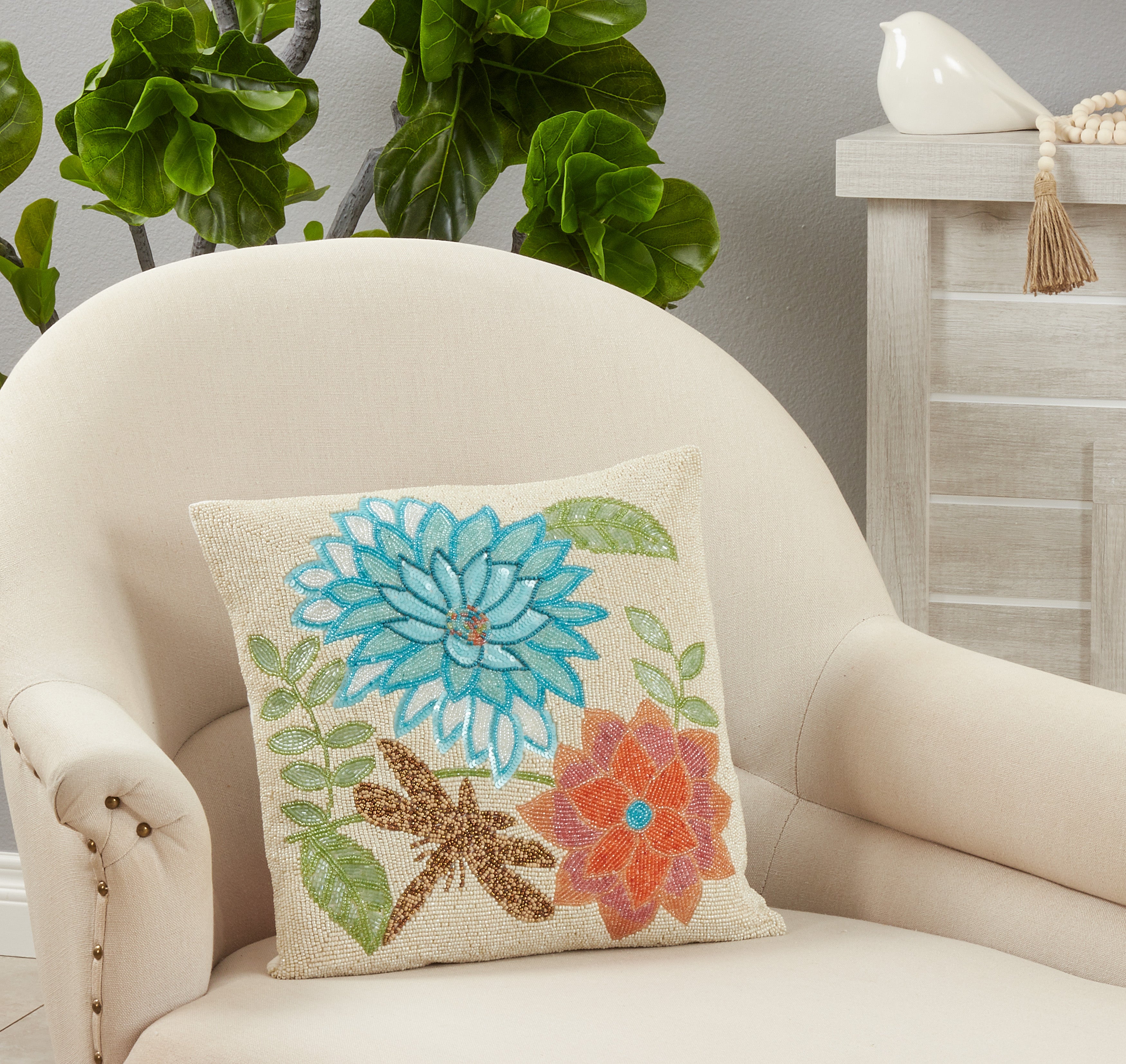 Beaded Floral Throw Pillow