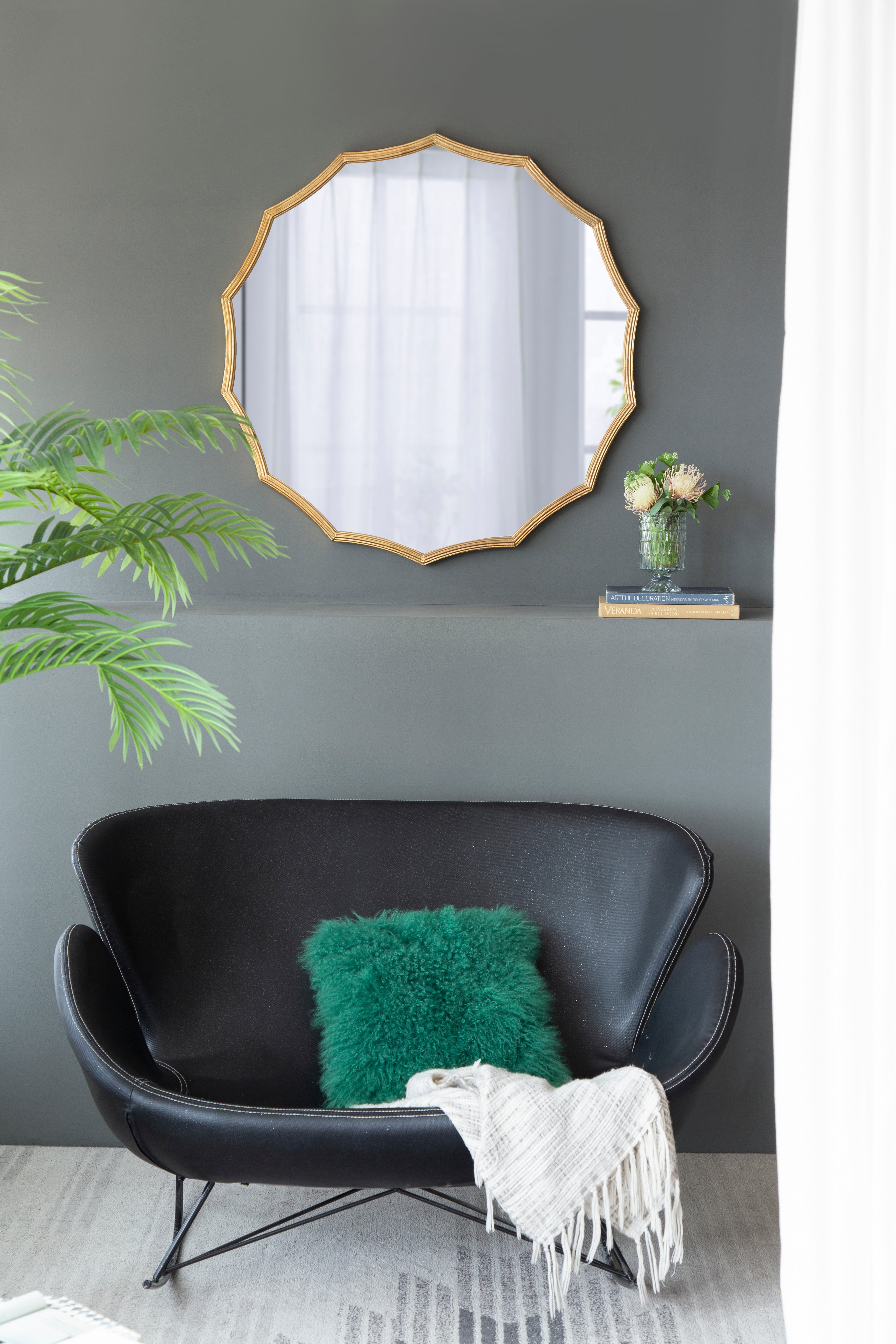 Wall Mirror with Sunburst Design and Iron Frame