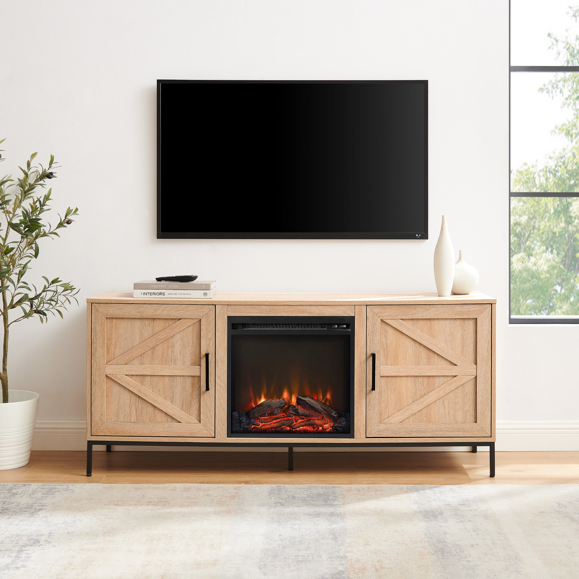 Fireplace TV Stand with 2 Doors and 2 Adjustable Shelves for TVs Up To 65 Inches, Coastal Oak by Walker Edison