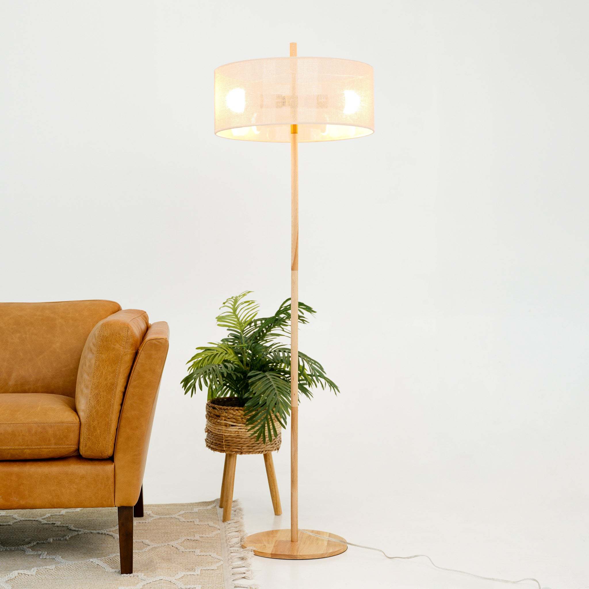 Wooden Floor Lamp with Open Weave Linen Shade