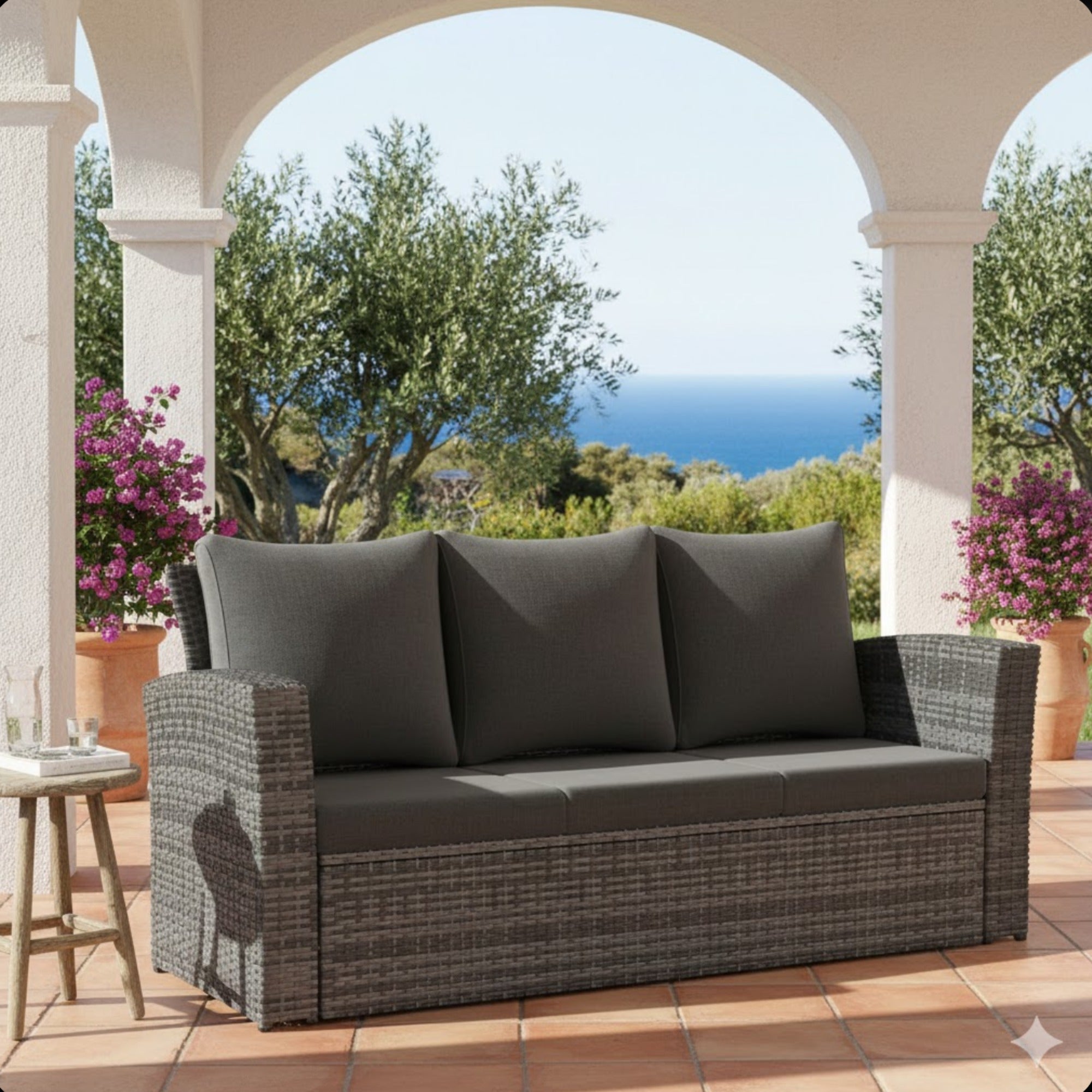 All-Weather Wicker 3-Seat Patio Sofa with Thick Gray Cushions & Black Iron Frame, 67.7'