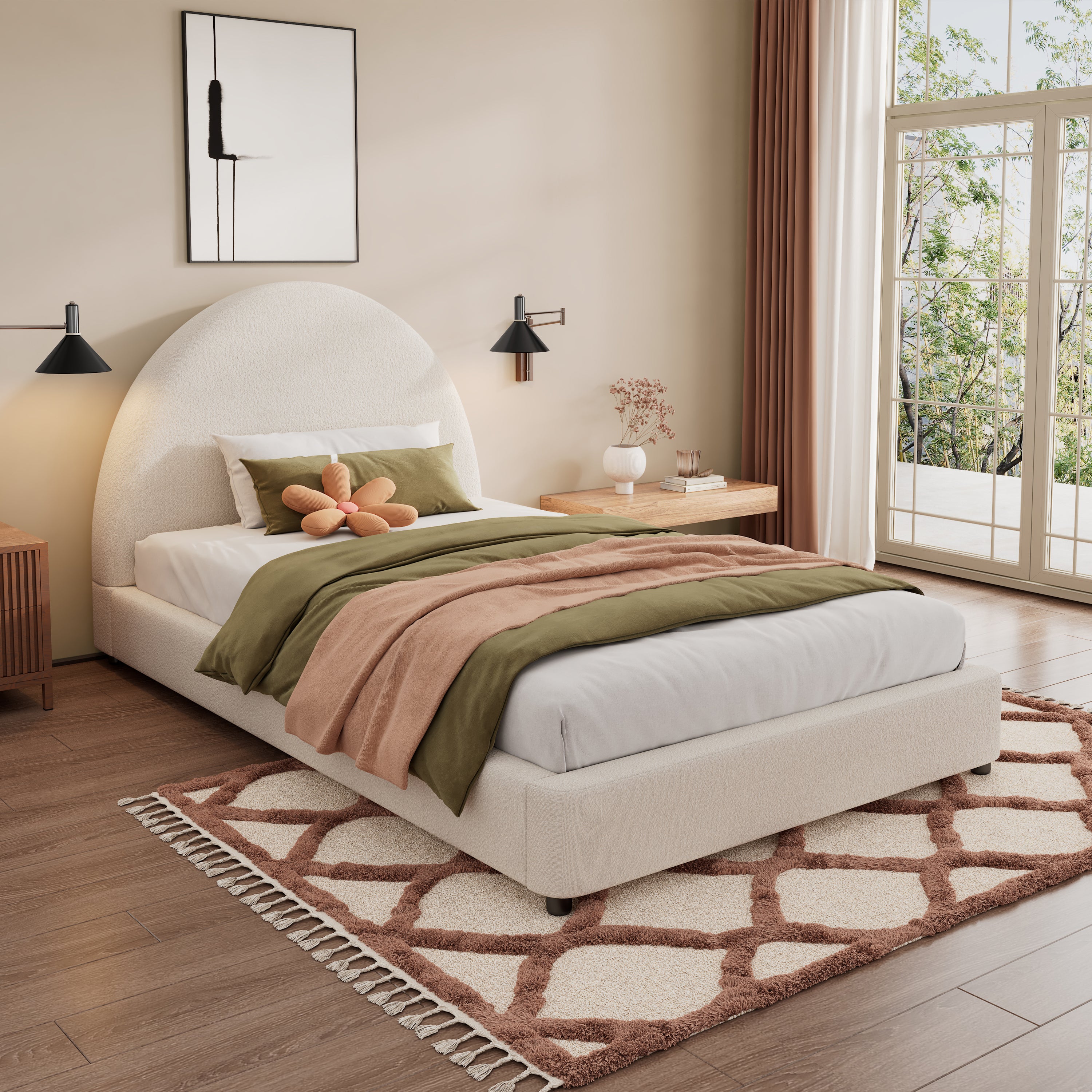 Bed Frame With Boucle Upholstered Round Curved Headboard