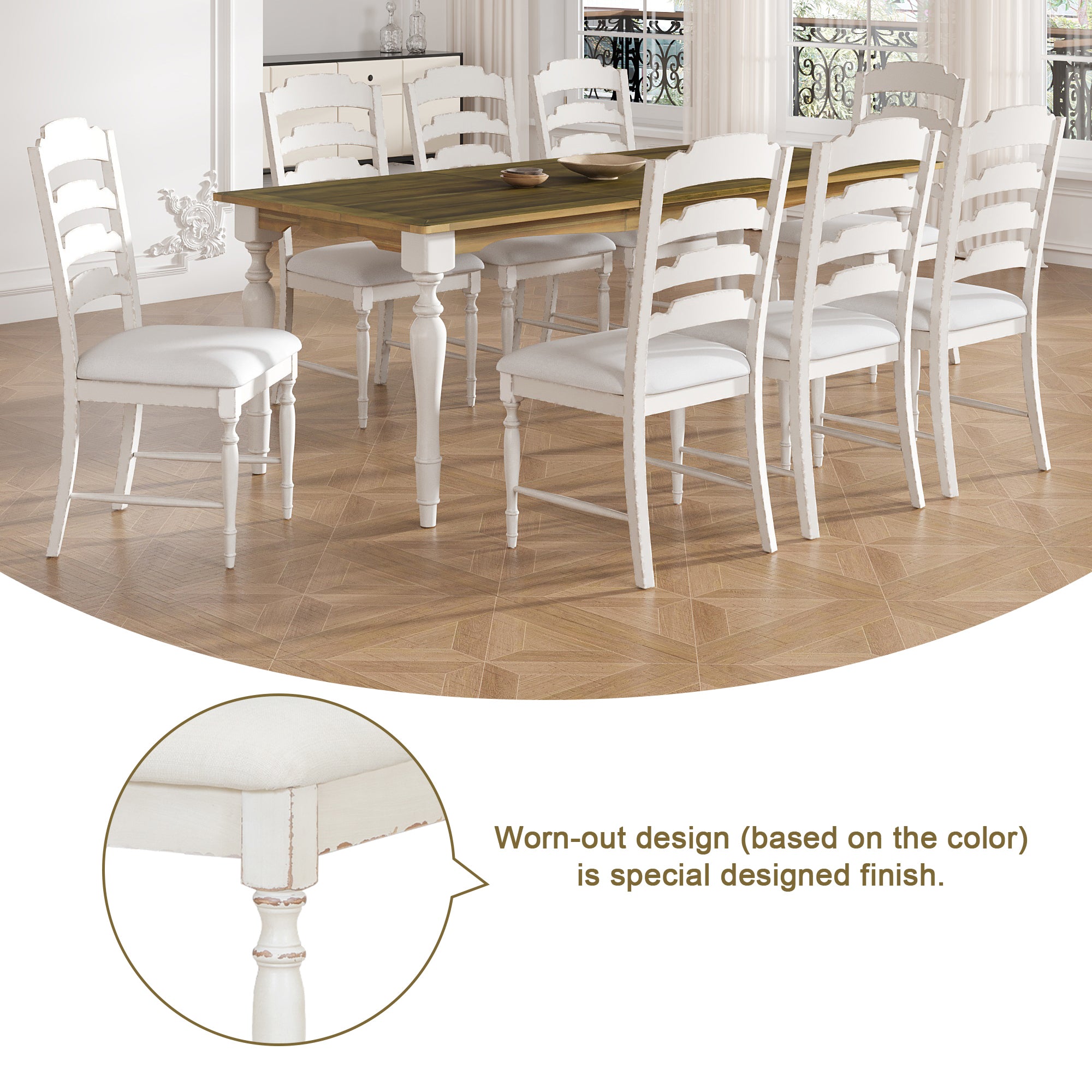 Foreverx 9-Piece Dining Set with Removable Leaf Table and 8 Upholstered Dining Chairs