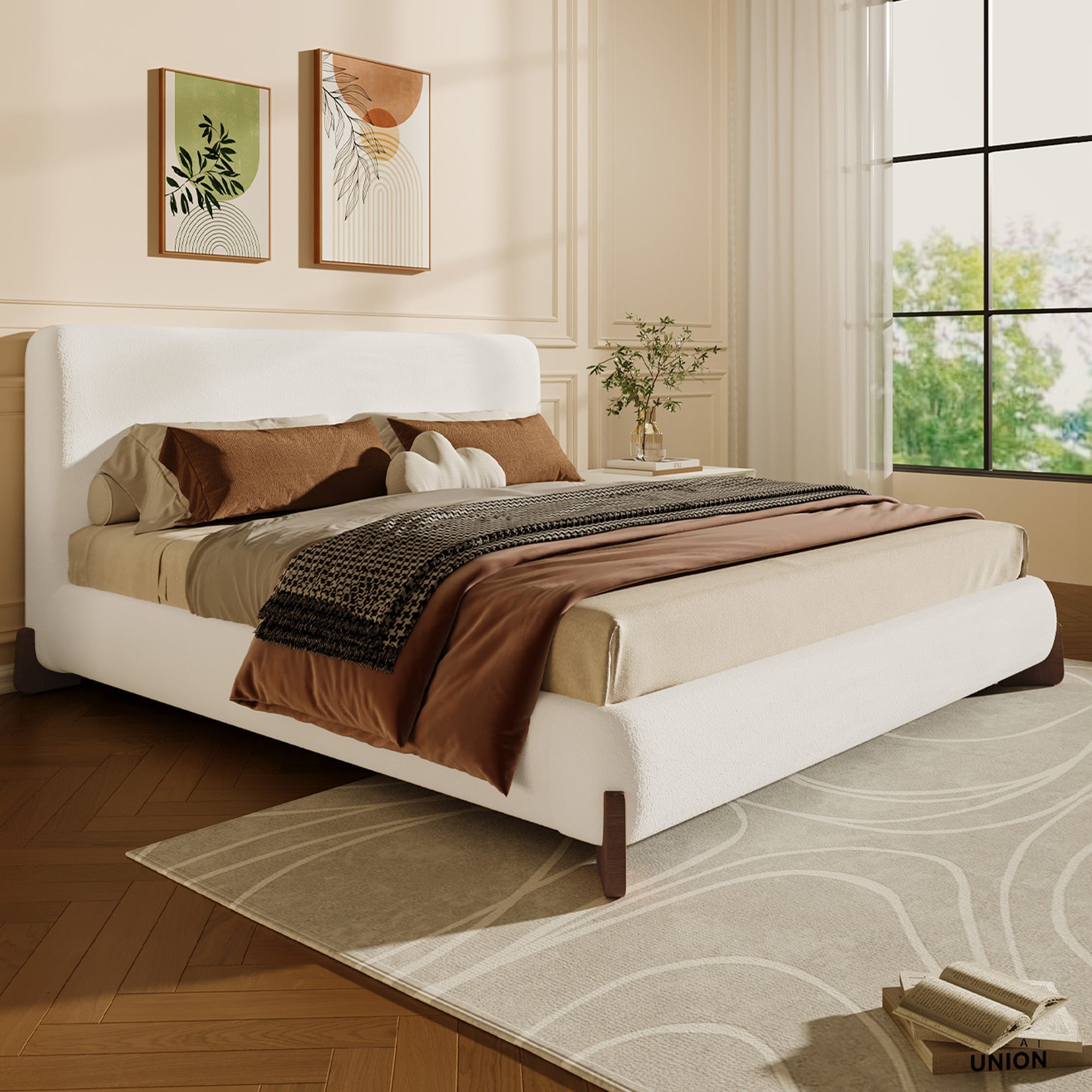 Elegant Boucle Upholstered Bed with Accent Feet