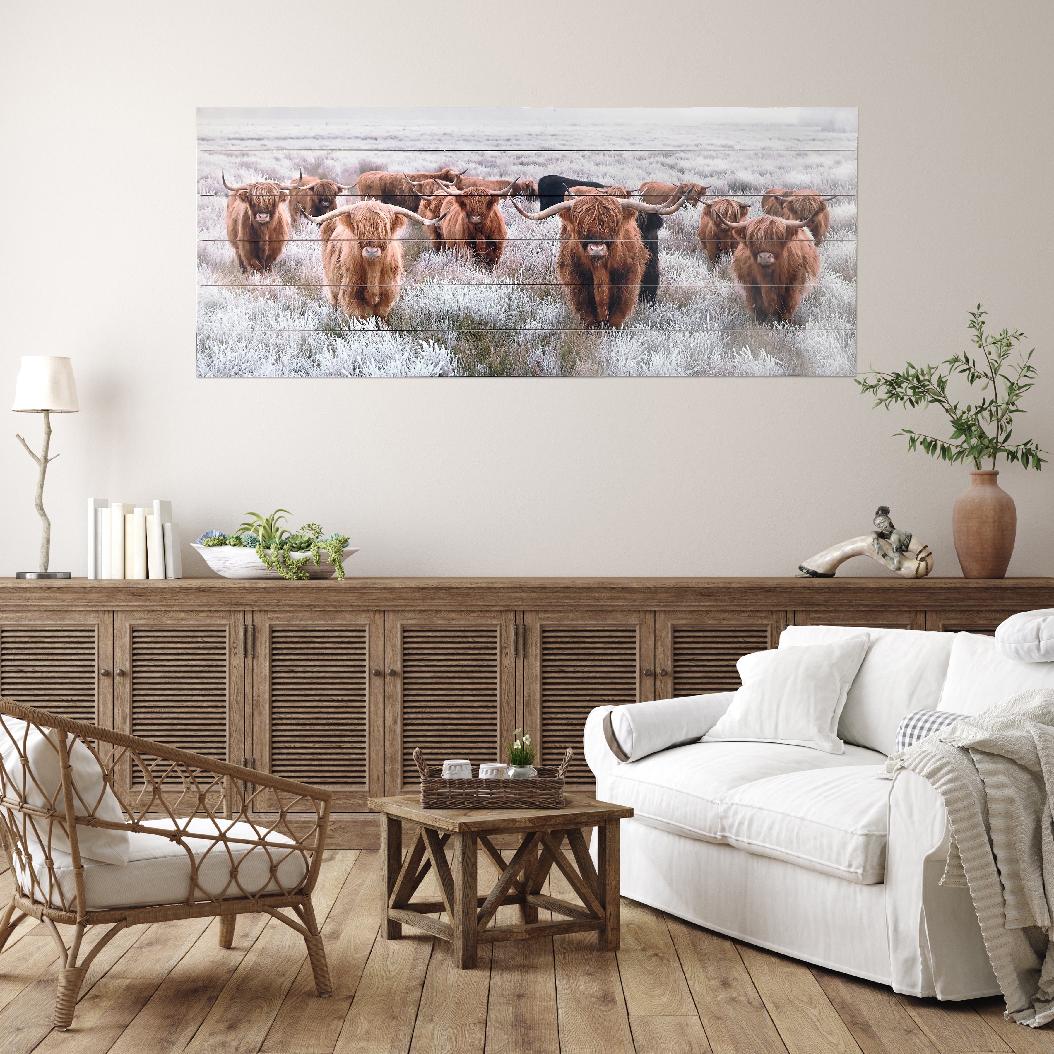 Highland Herd Photograph Print on Planked Wood Wall Art, 19"x45"
