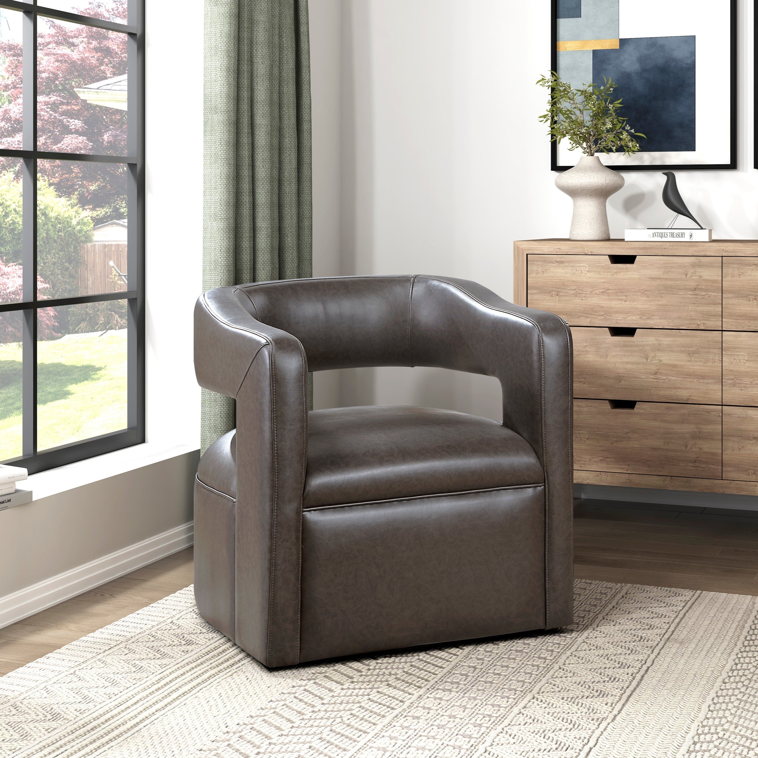 Modern Vegan Leather Open Back Swivel Barrel Accent Chair