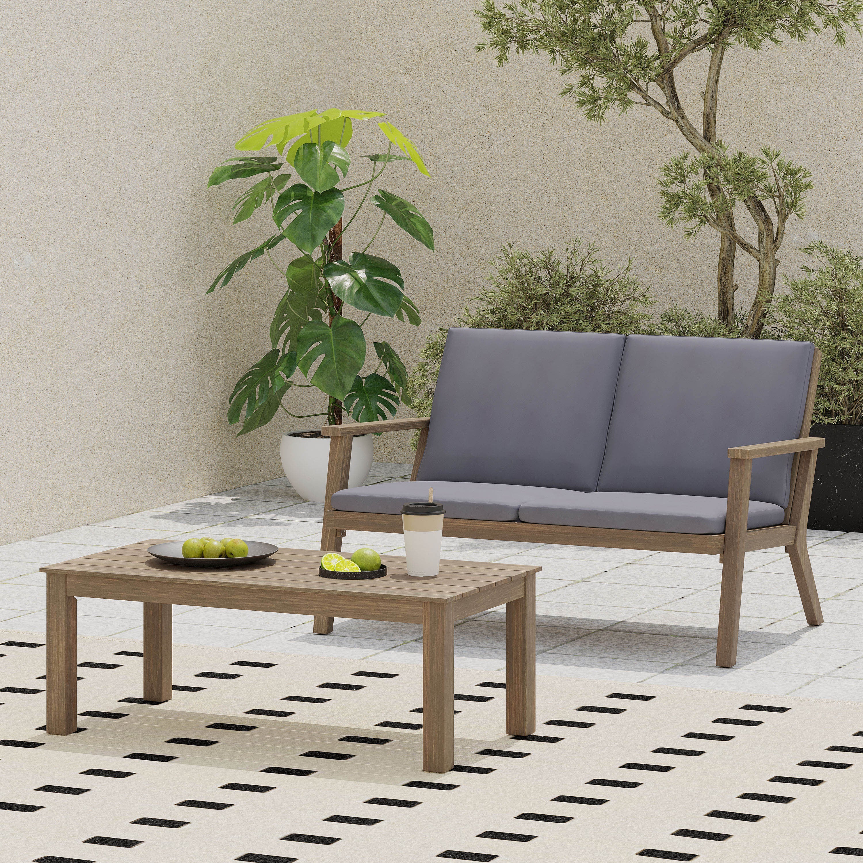 Brixton Outdoor Acacia Wood Loveseat and Coffee Table Set with Cushions