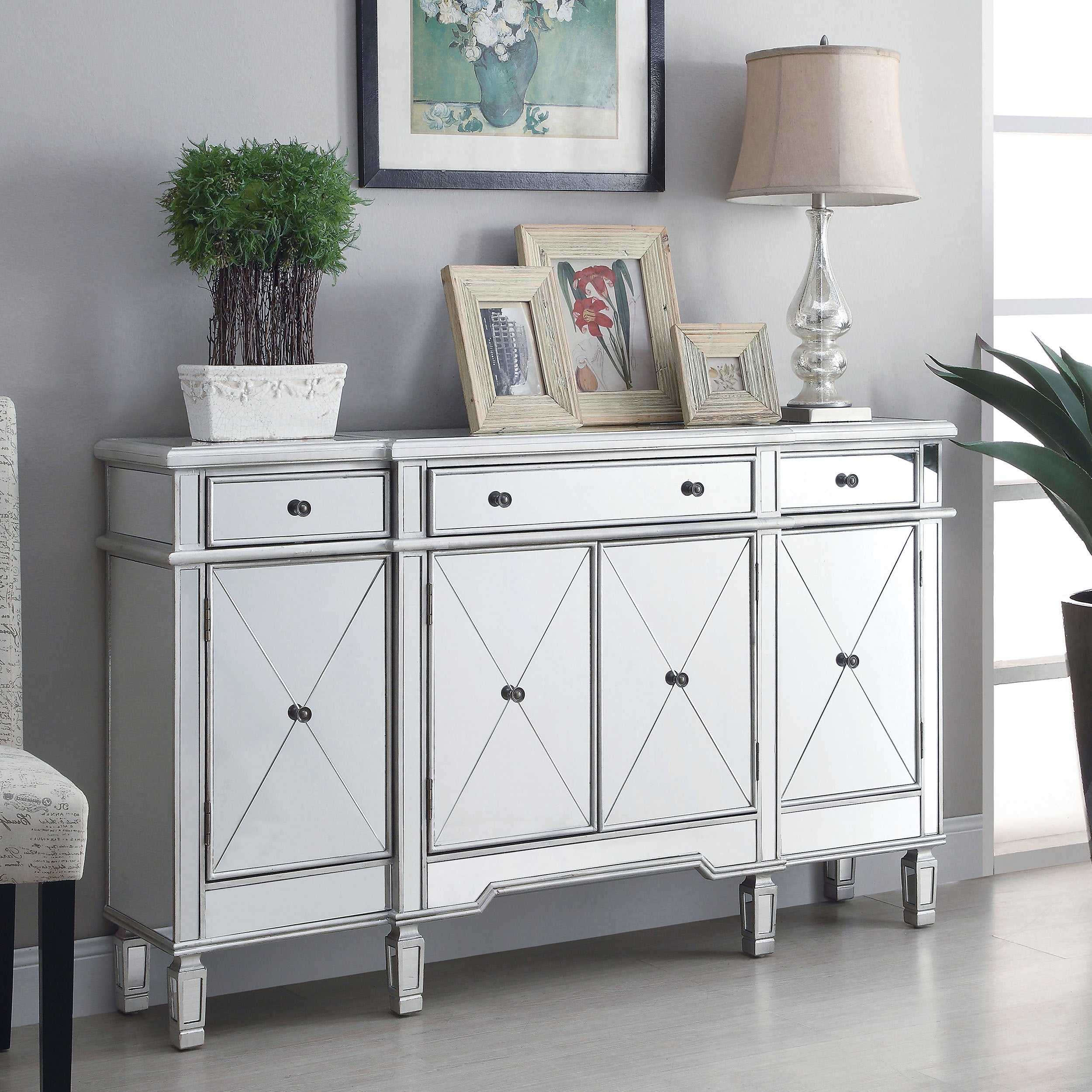 Battista Silver Mirrored 3-drawer Wine Cabinet