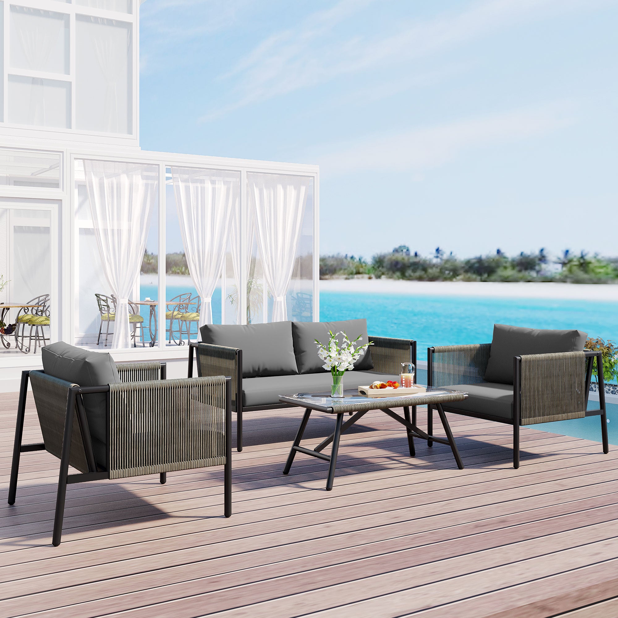4-Piece Outdoor Sofa Set with Thick Cushions and Toughened Glass Table