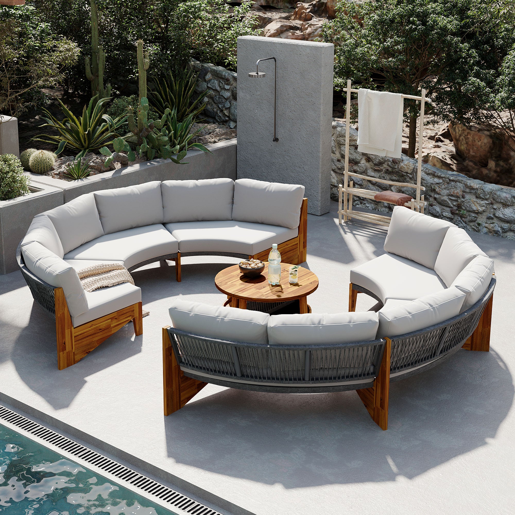 3-Piece Outdoor Semi-Circle Sofa Set for 6