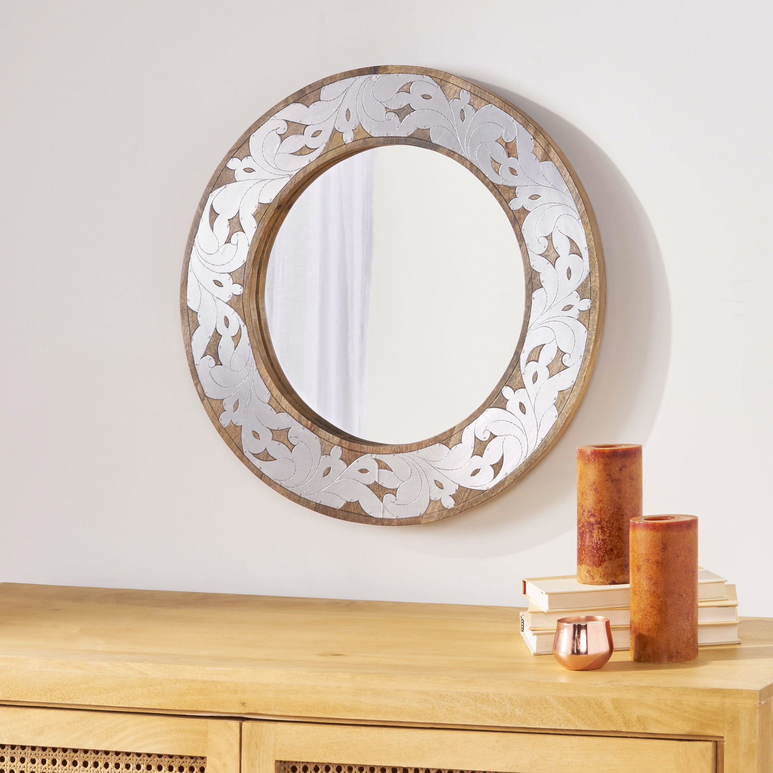 Round Wall Mirror with Metal Floral Pattern and Wood Frame