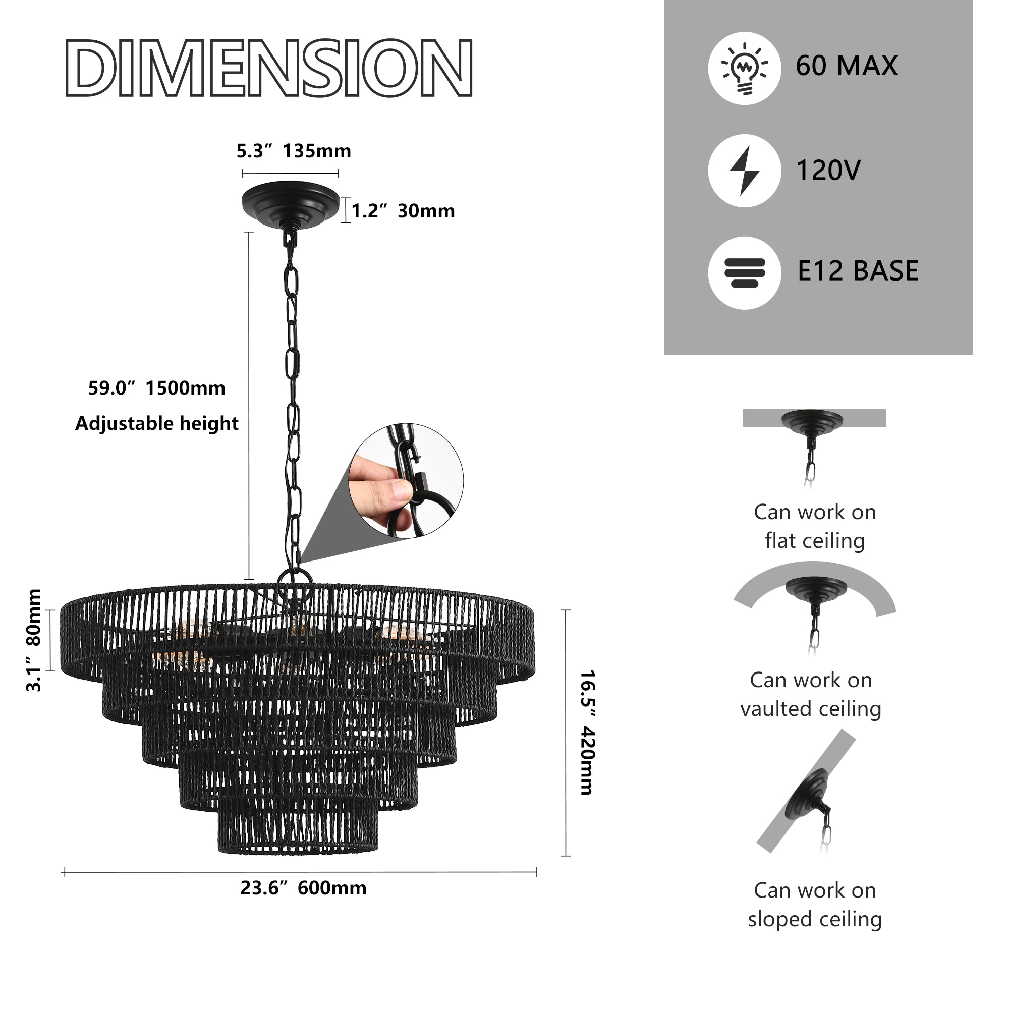 24" Modern 5-Layer Woven Rope Chandelier