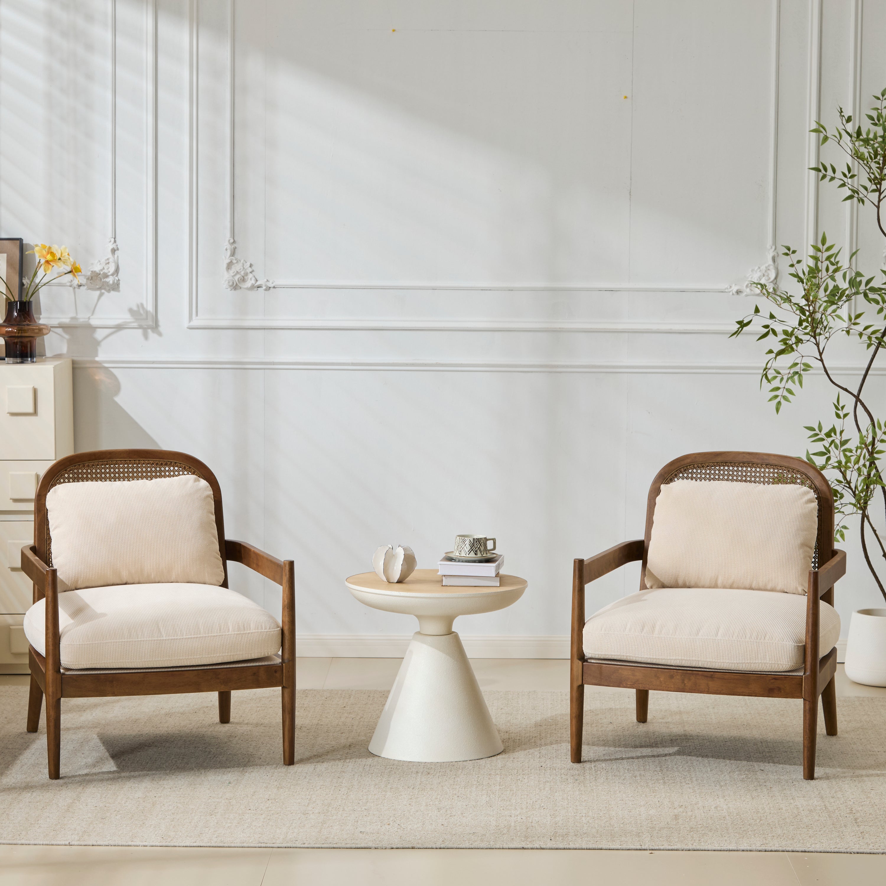 Elliston Solid Wood and Rattan Accent Chair with Cushions, Set of 2