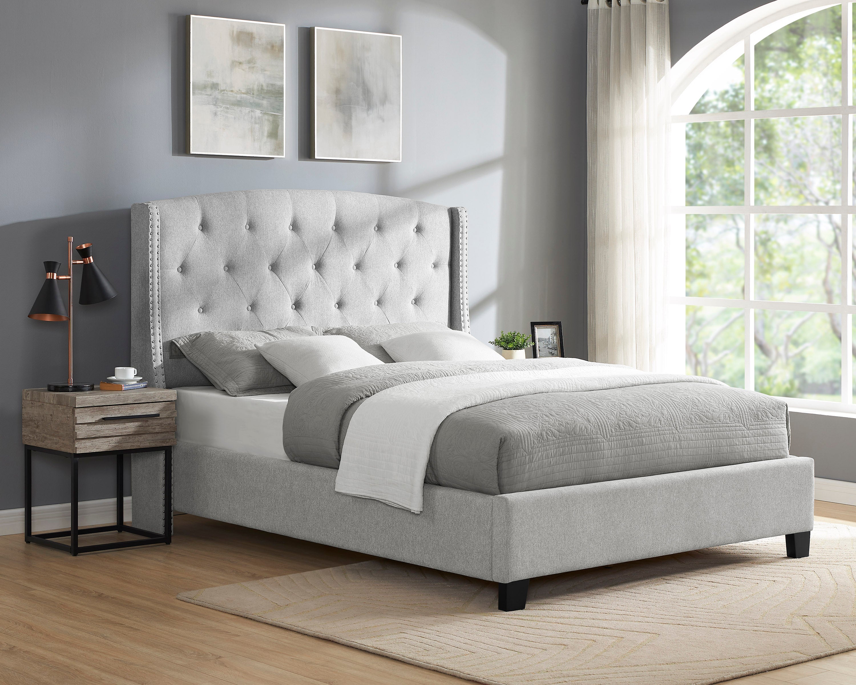 Upholstered Button Tufted Nailhead Panel Bed