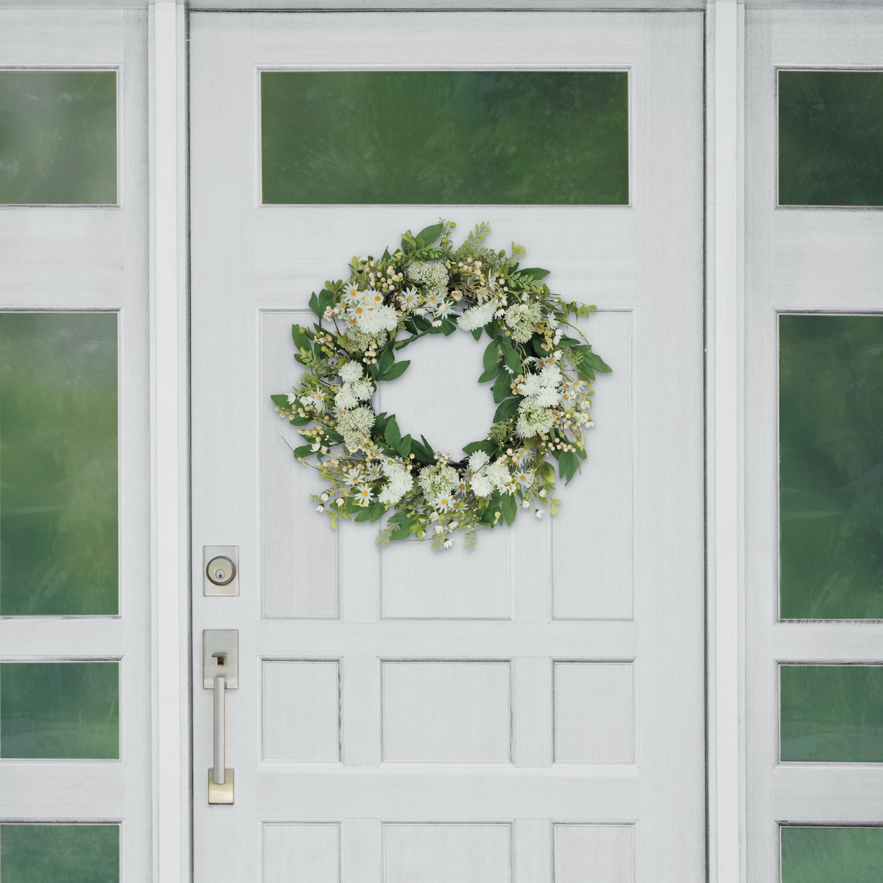 30" Artificial Chrysanthemum and Daisy  Green and White Floral Spring Wreath