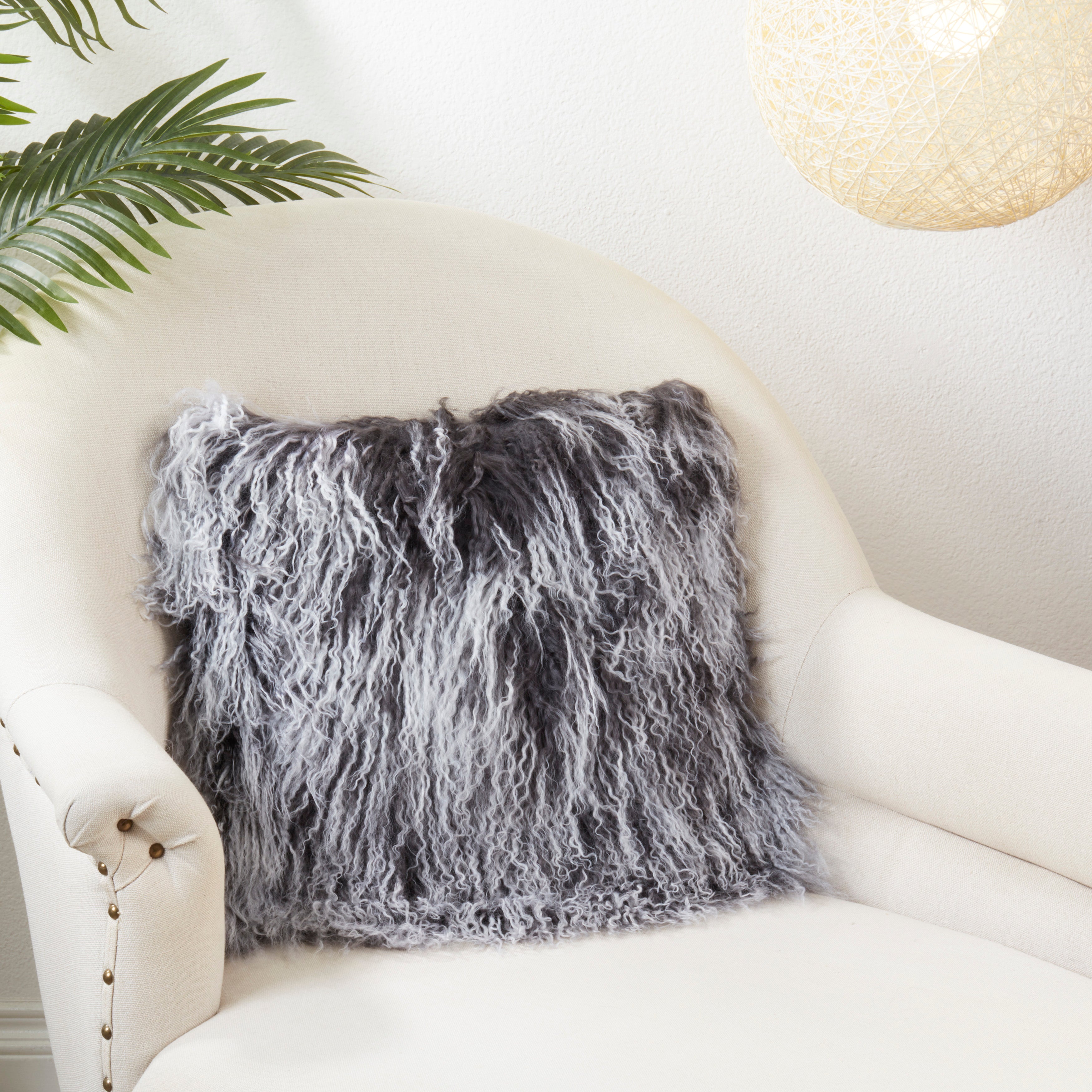 100% Wool Mongolian Lamb Fur Square Throw Pillow
