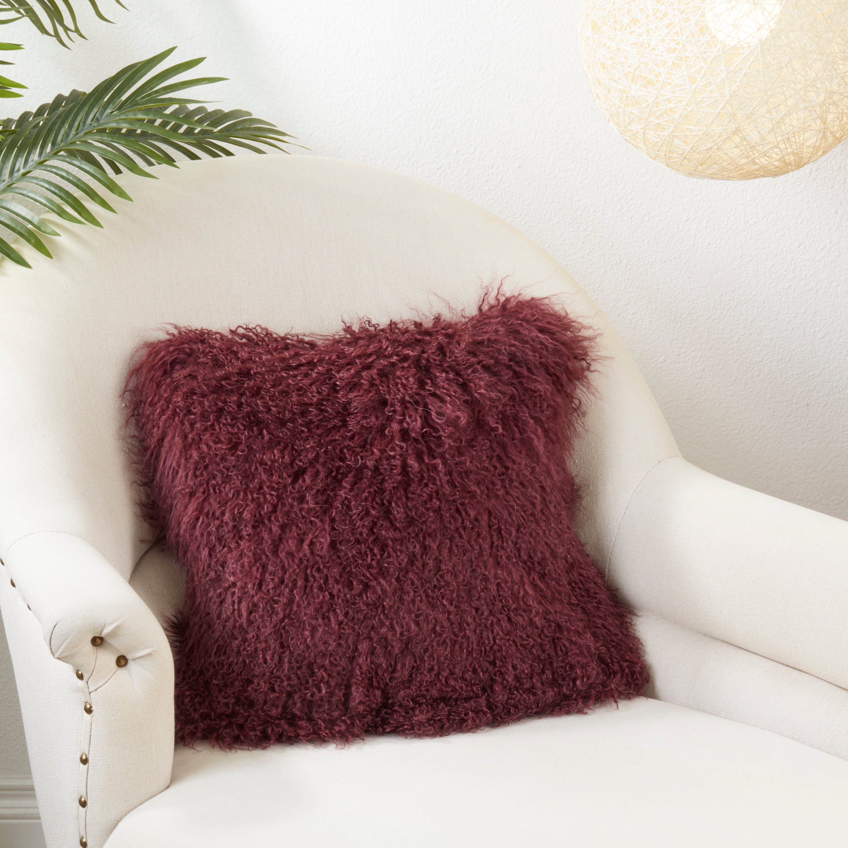 100% Wool Mongolian Lamb Fur Square Throw Pillow