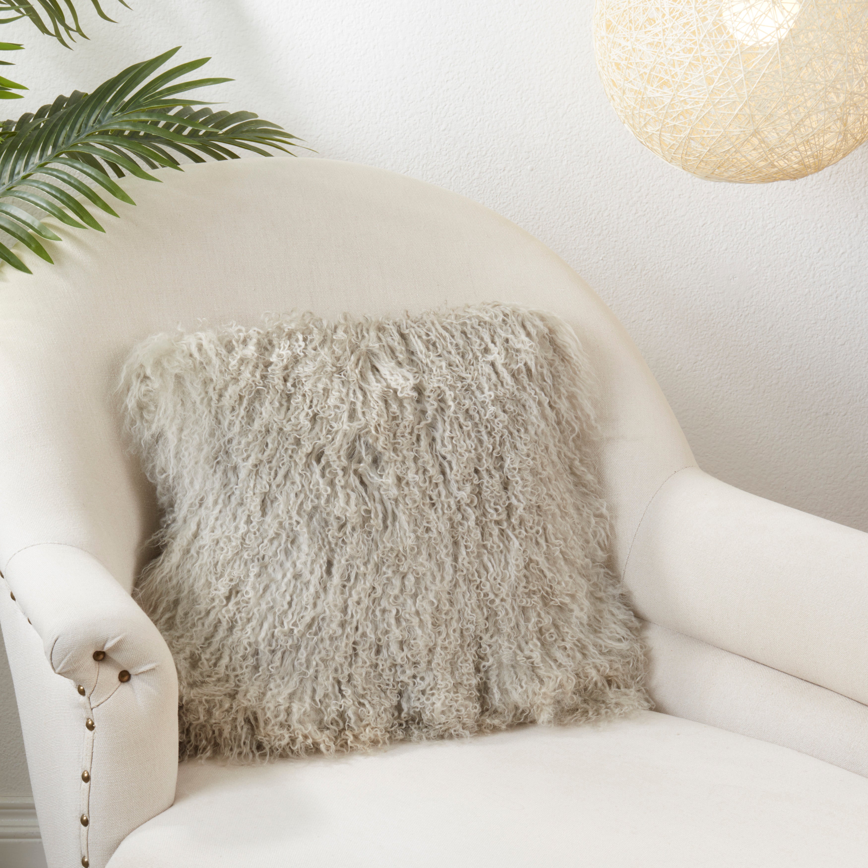 100% Wool Mongolian Lamb Fur Square Throw Pillow