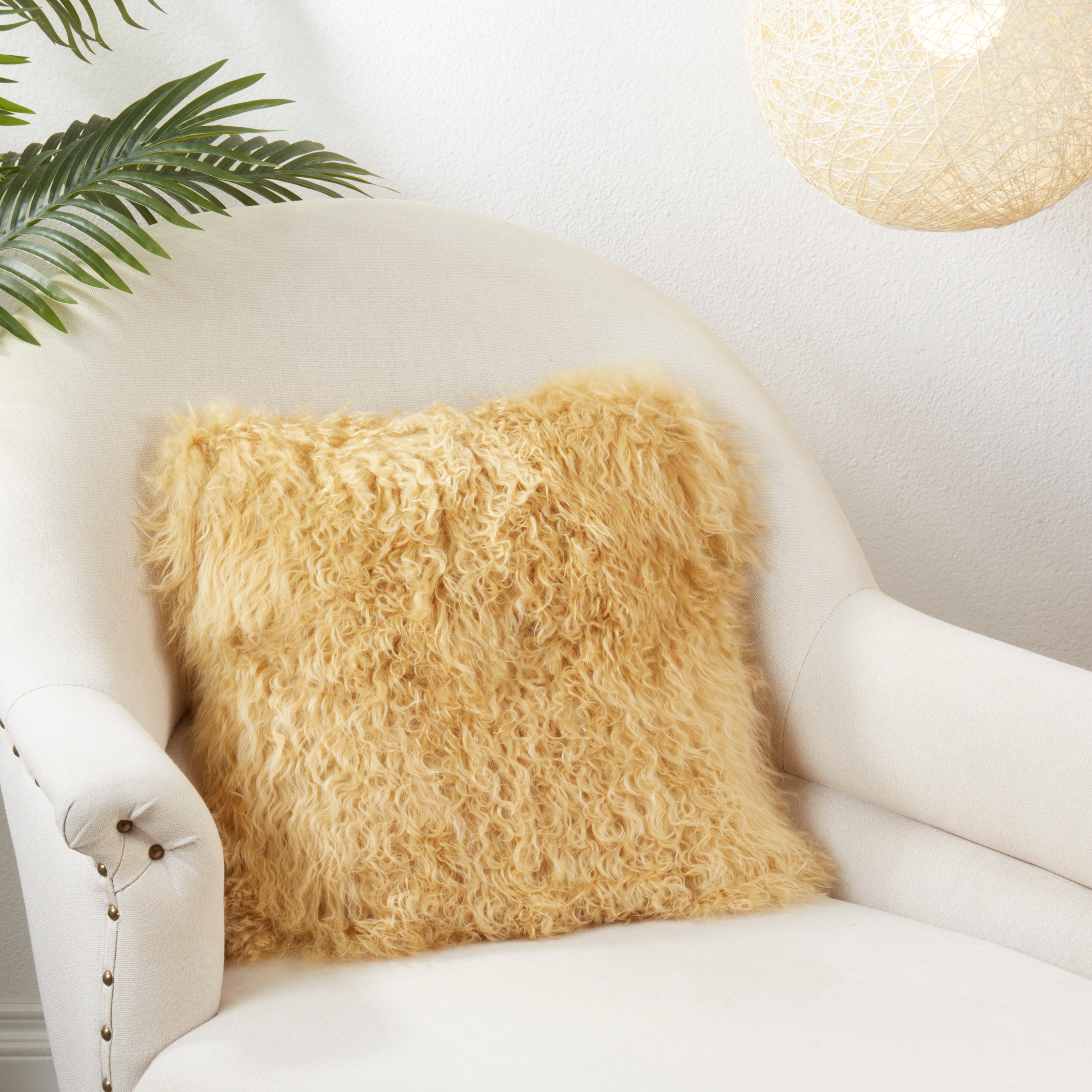 100% Wool Mongolian Lamb Fur Square Throw Pillow