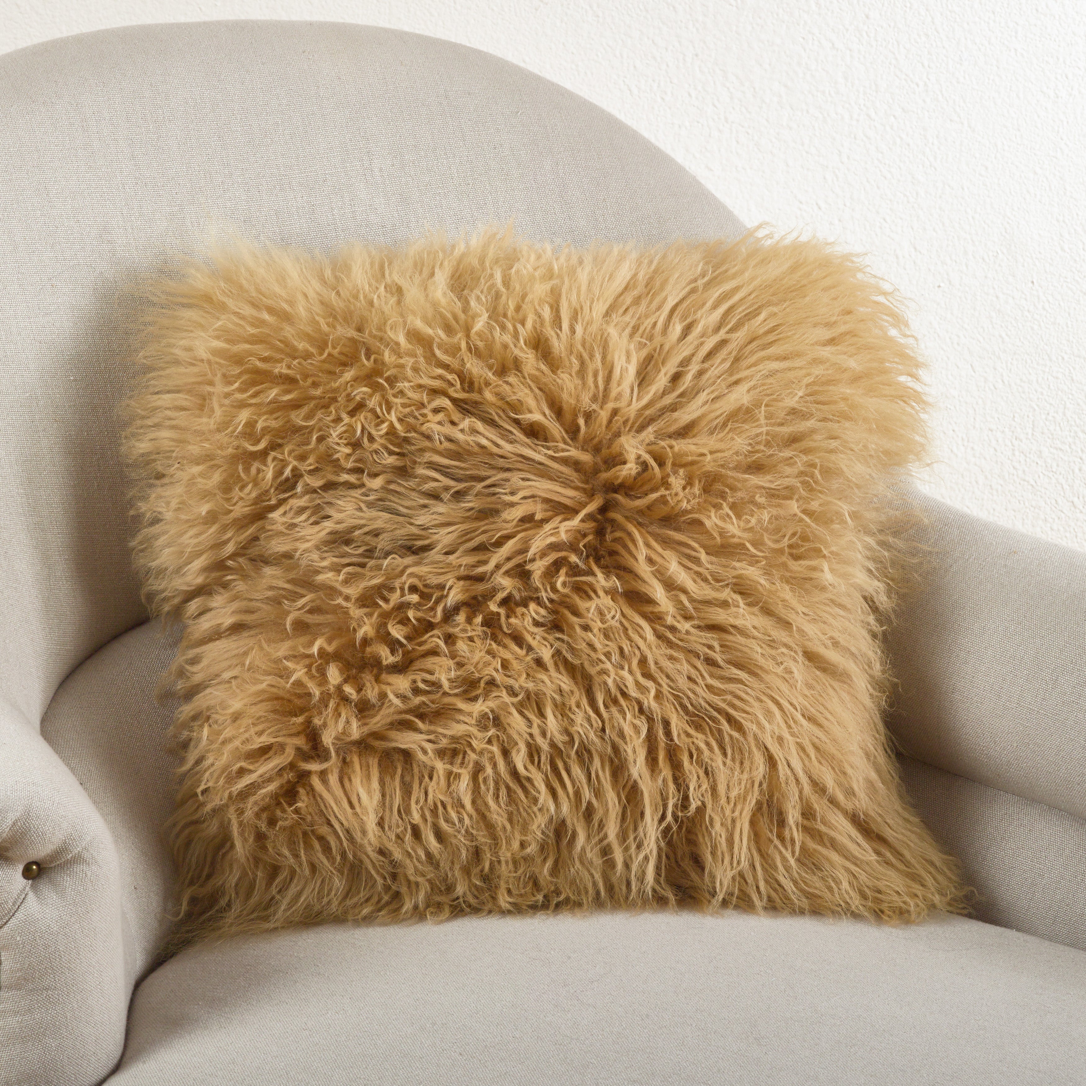 100% Wool Mongolian Lamb Fur Square Throw Pillow