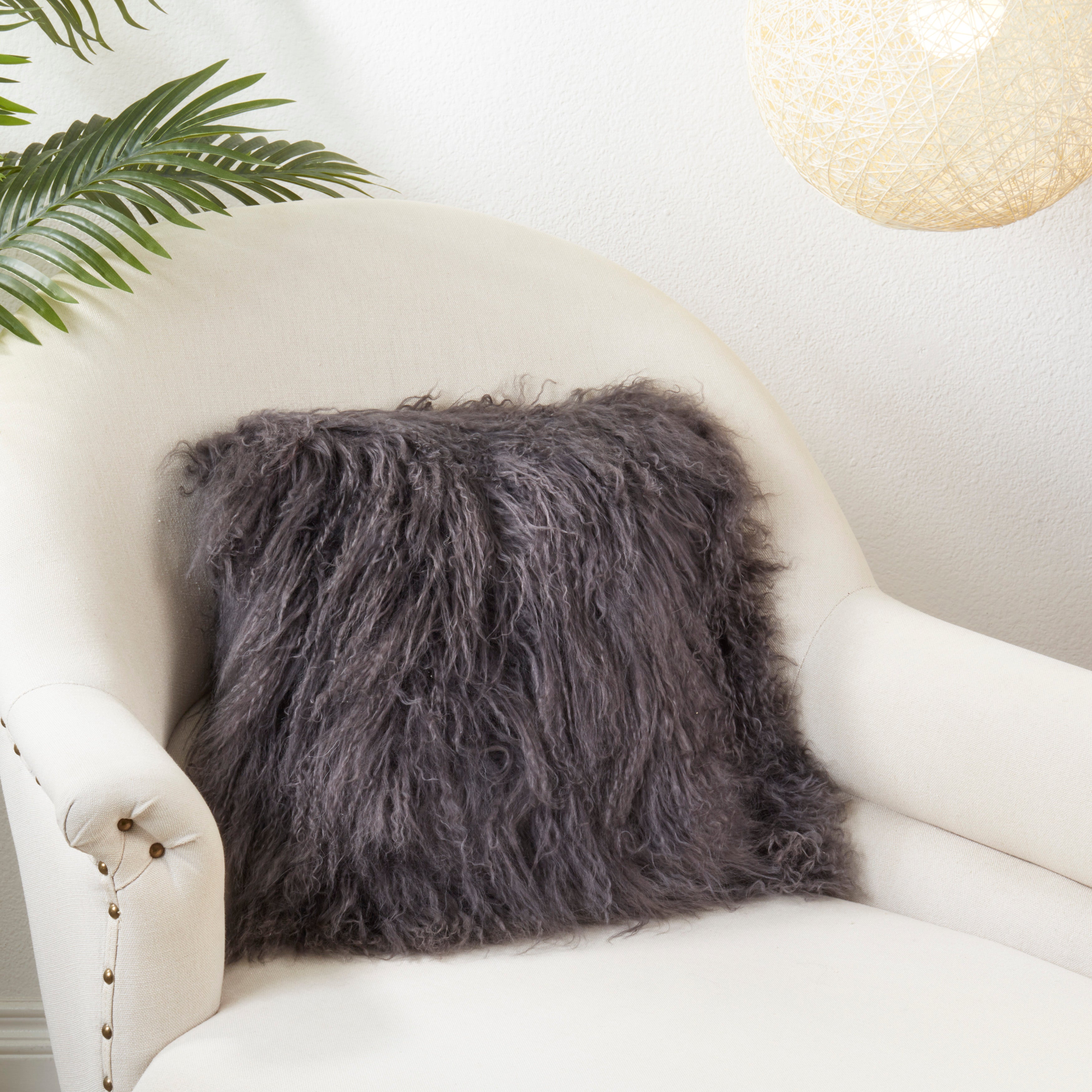 100% Wool Mongolian Lamb Fur Square Throw Pillow