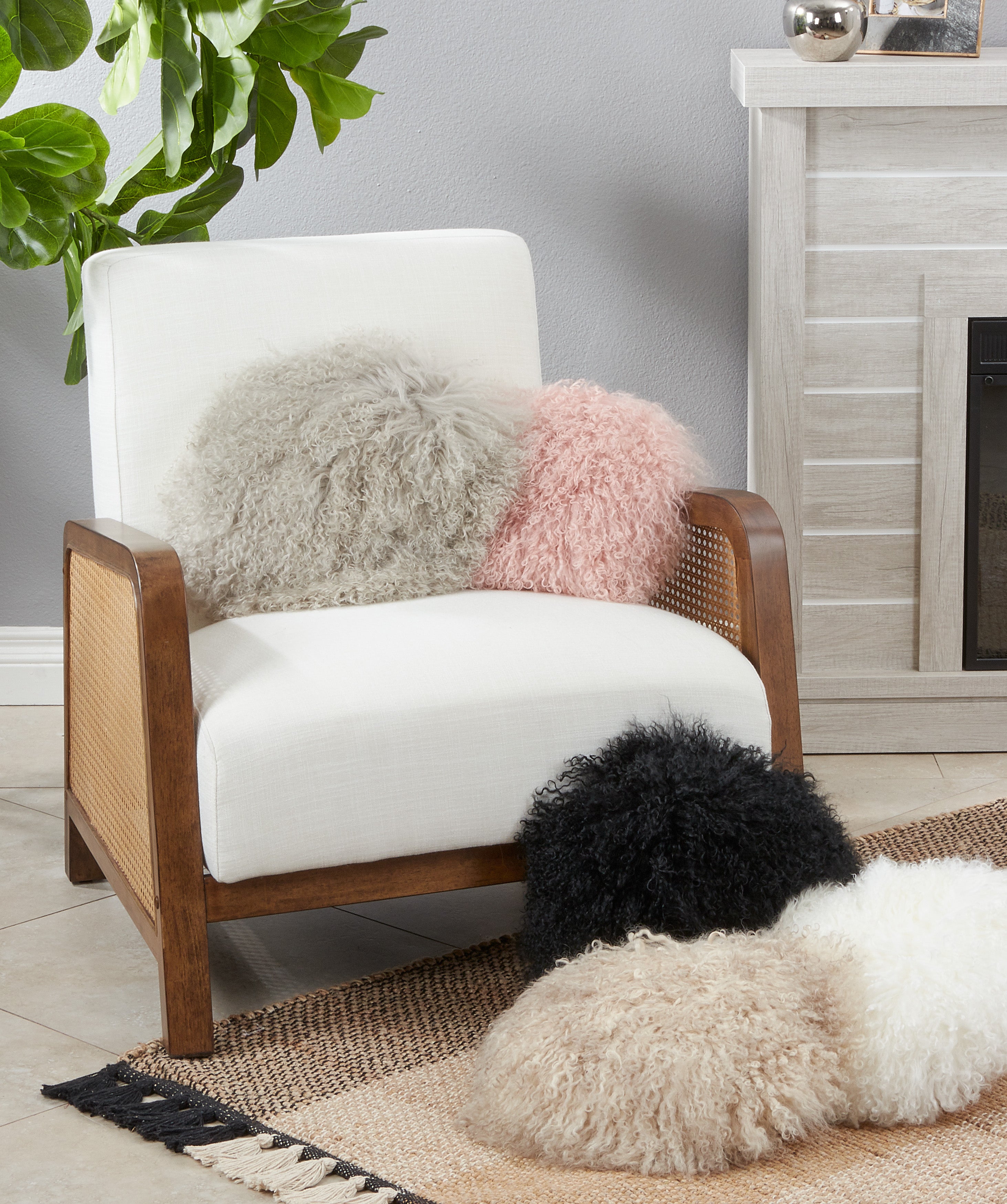 100% Wool Mongolian Lamb Fur Round Throw Pillow