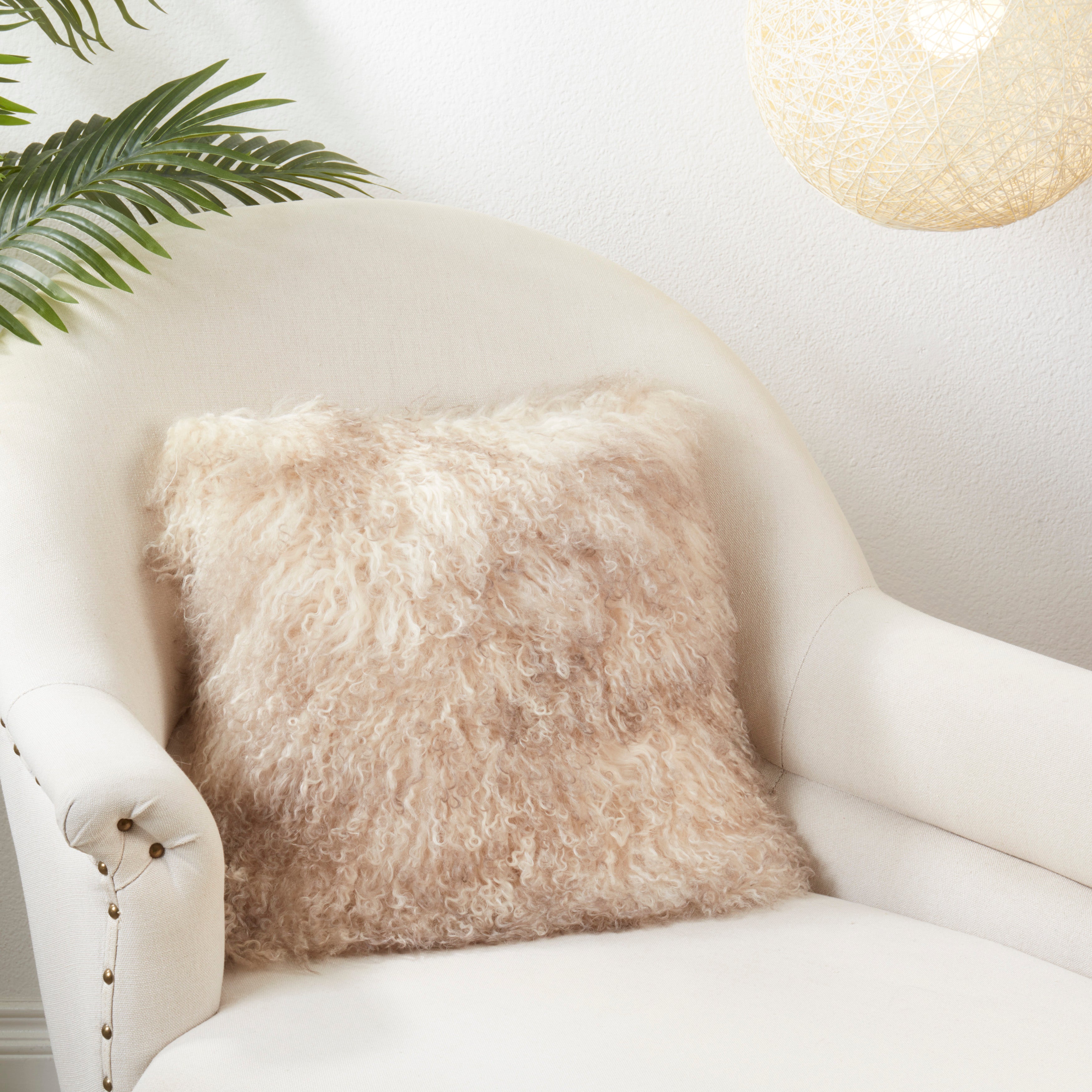 100% Wool Mongolian Lamb Fur Square Throw Pillow