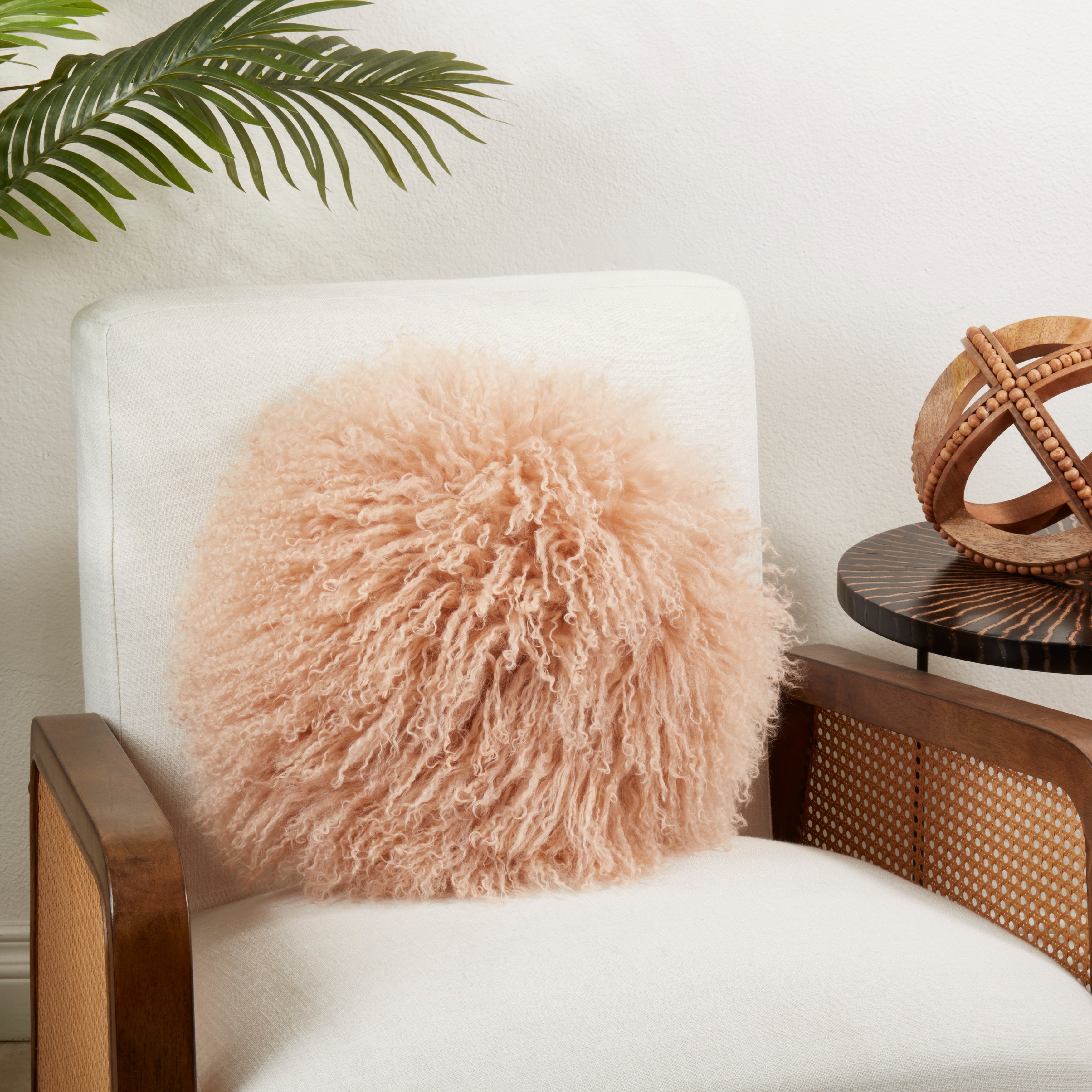 100% Wool Mongolian Lamb Fur Round Throw Pillow