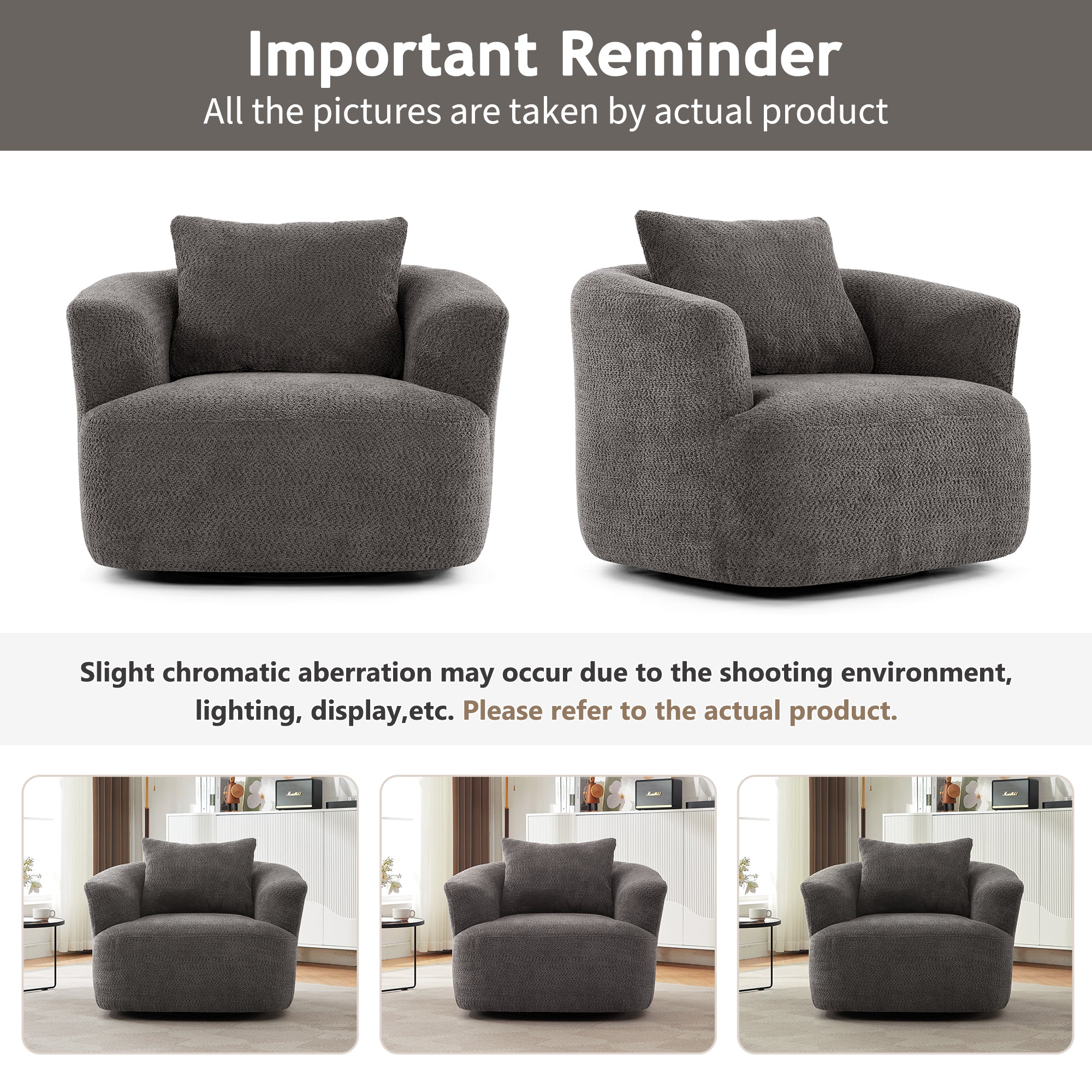 360° Swivel Barrel Chenille Upholstered Accent Chair with Throw Pillow