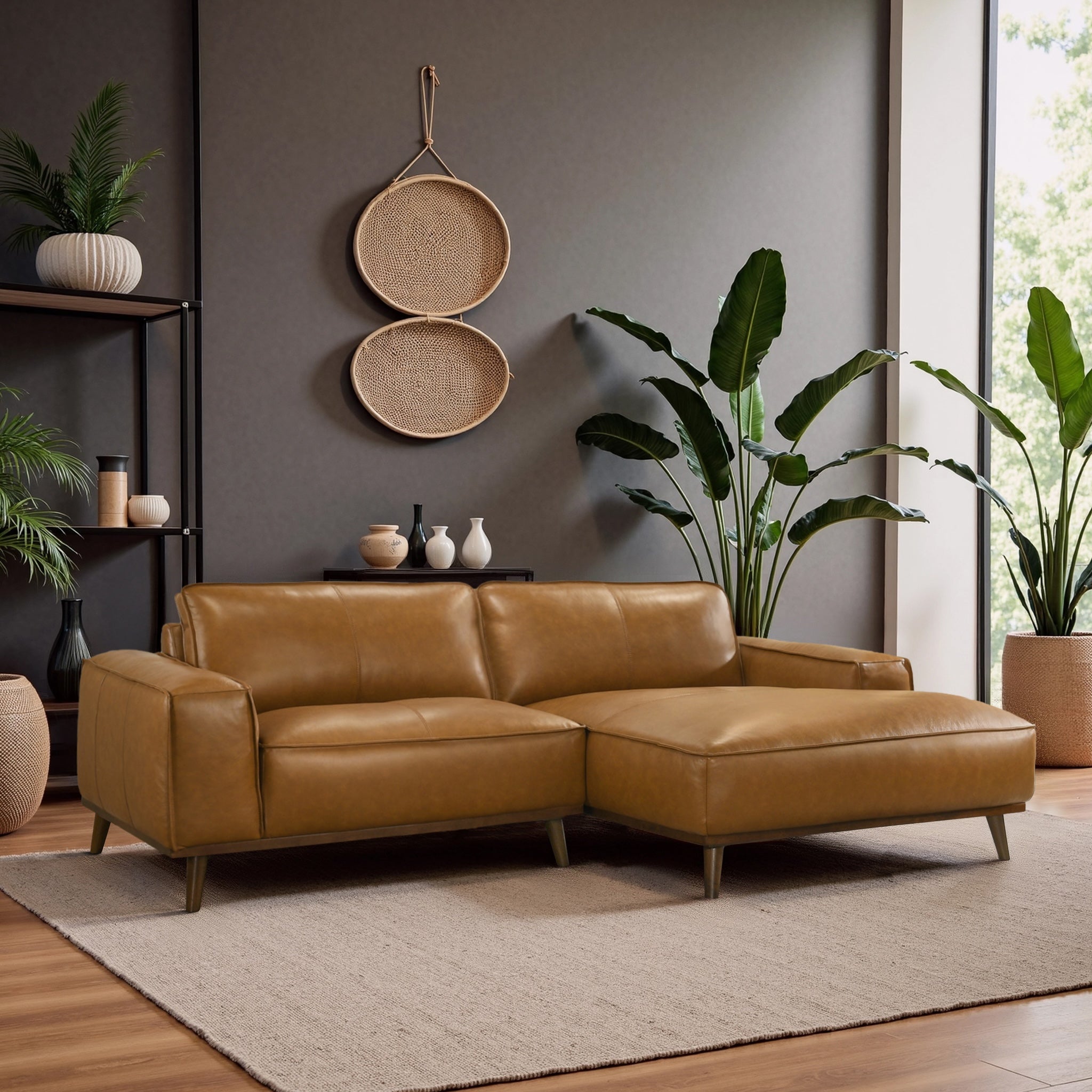 Kerrville Mid-Century Modern Genuine Top Grain Leather Right Sectional Sofa with Chaise