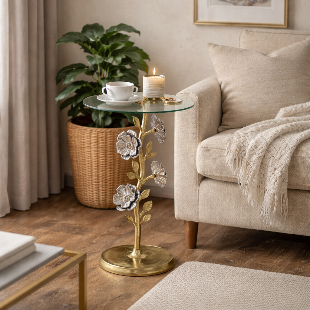 Flower Side Table with Glass Top