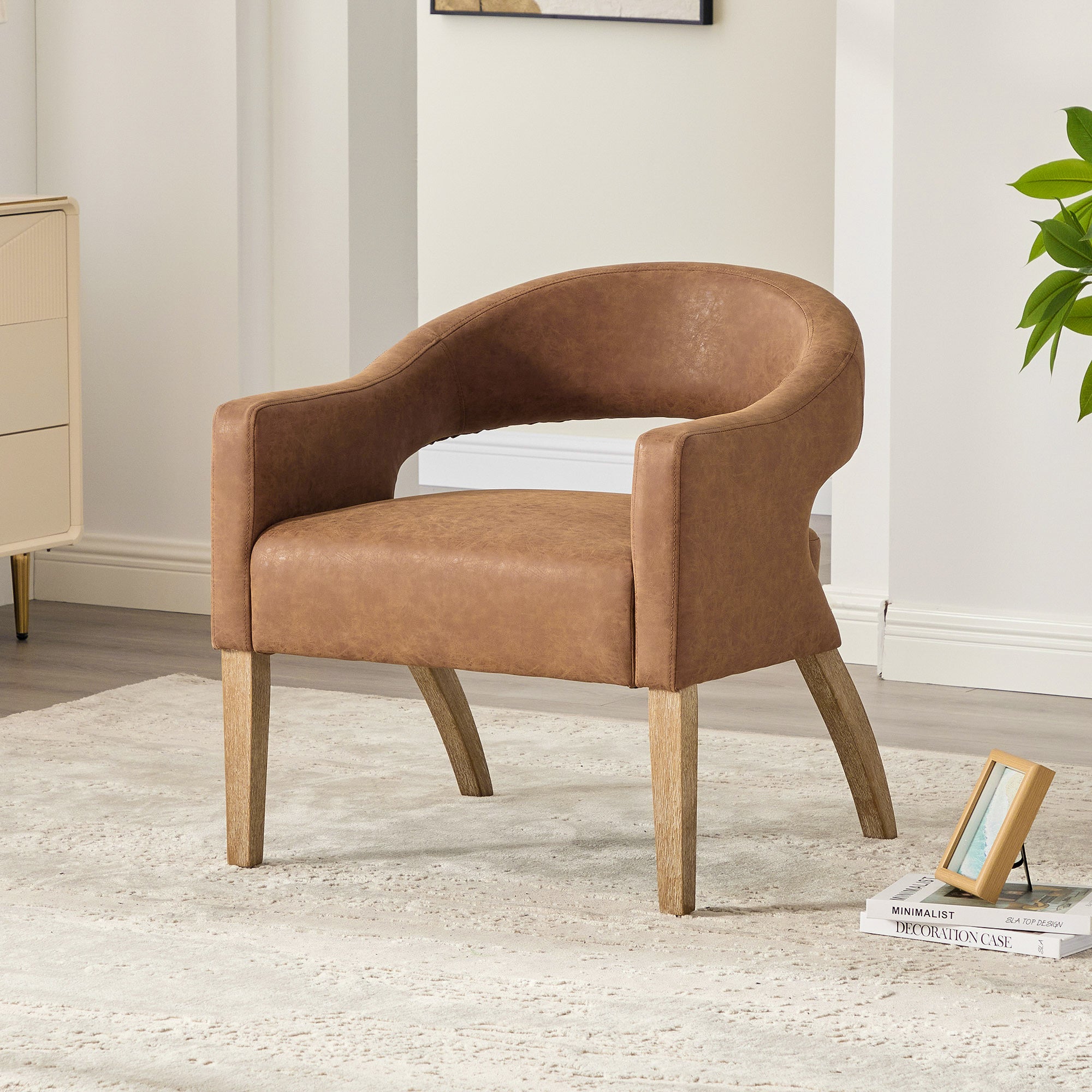 Mid-Century Modern Vegan Leather Open Back Accent Chair with Rubberwood Legs