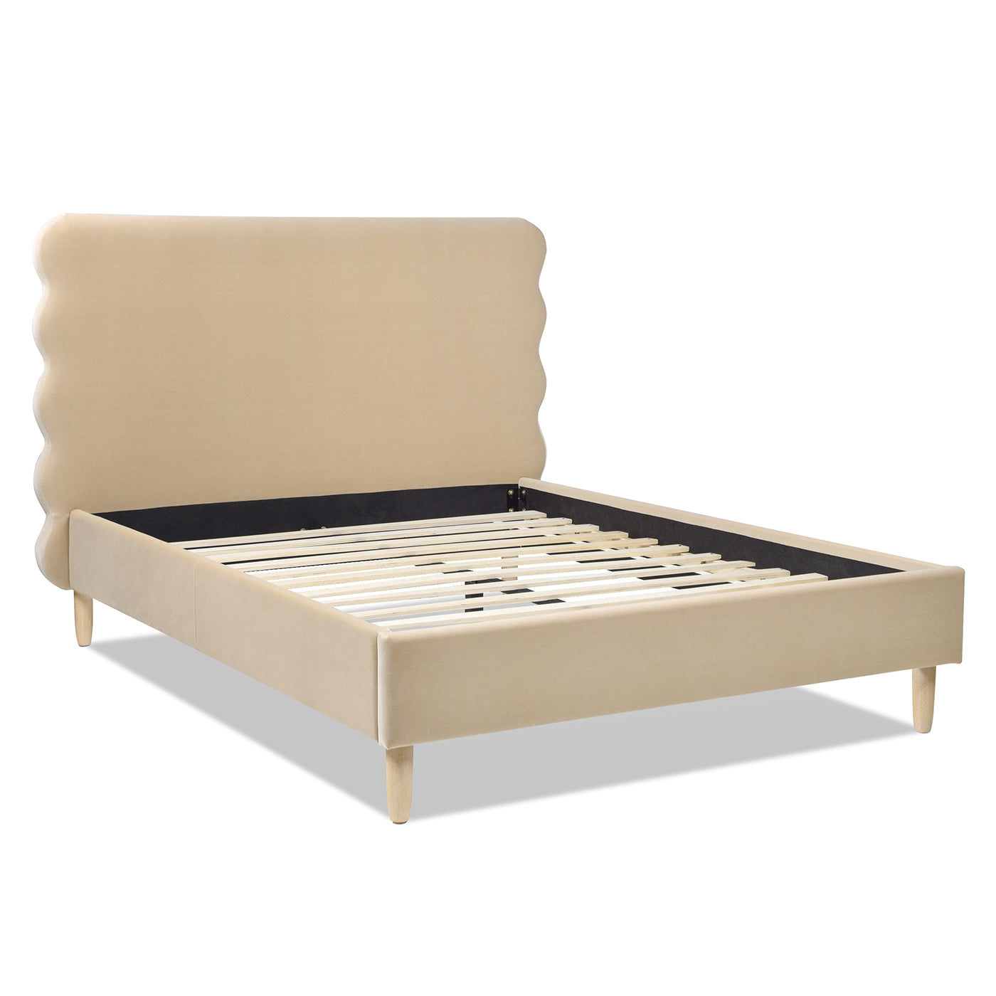 Essencee Upholstered Platform Bed with Wavy Headboard and Wood Legs