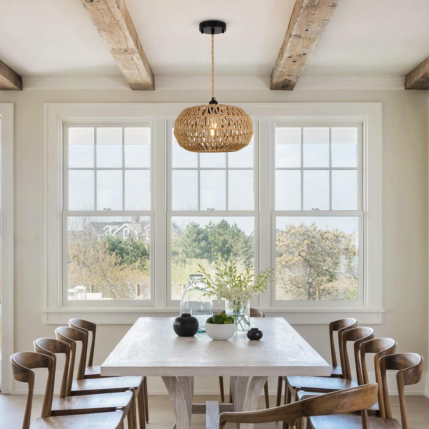 Pendant Light with Rope Cage Basket and Adjustable Height