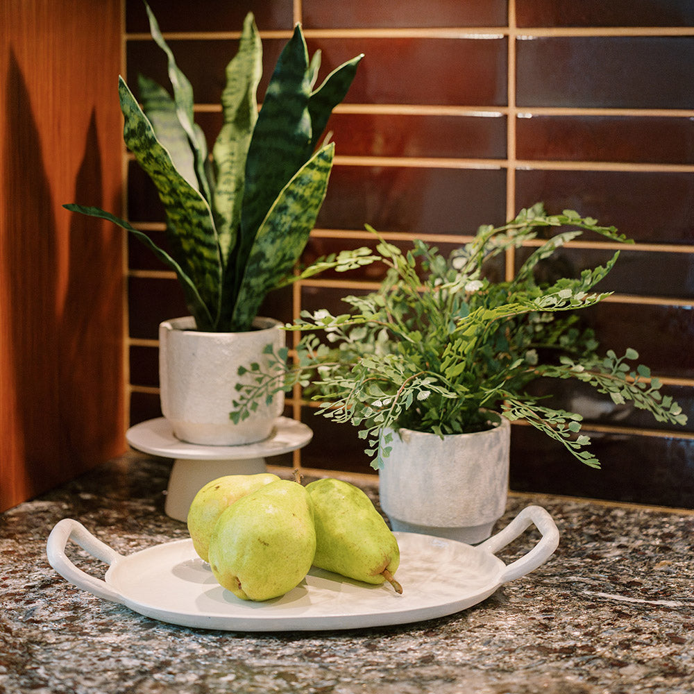 Creme Serving Tray set with matching bowls, cake pedestals, and pitchers