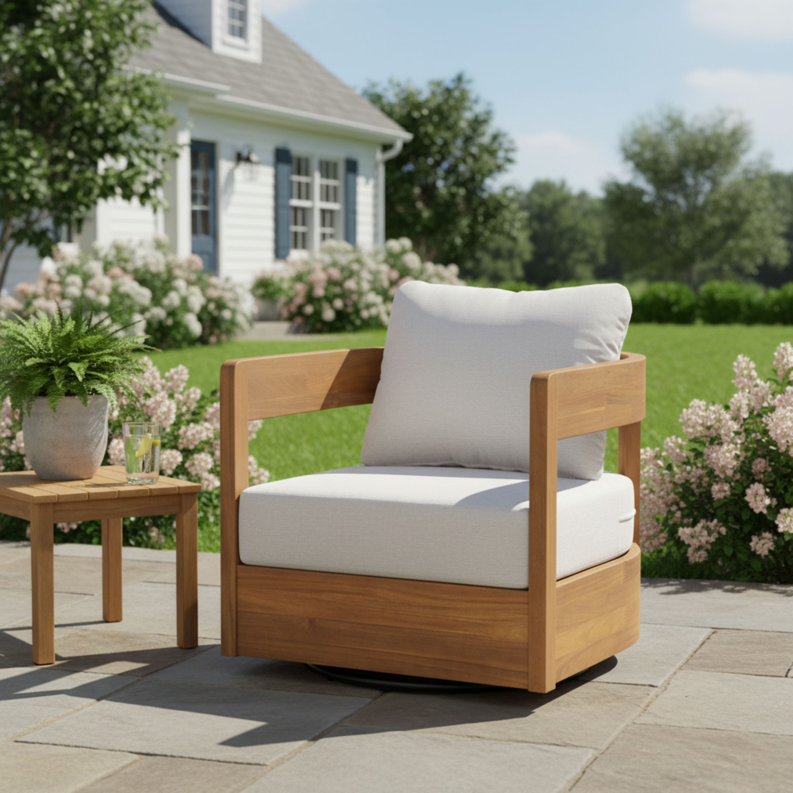 Telluride Outdoor Wood Swivel Club Chair with Beige Cushion