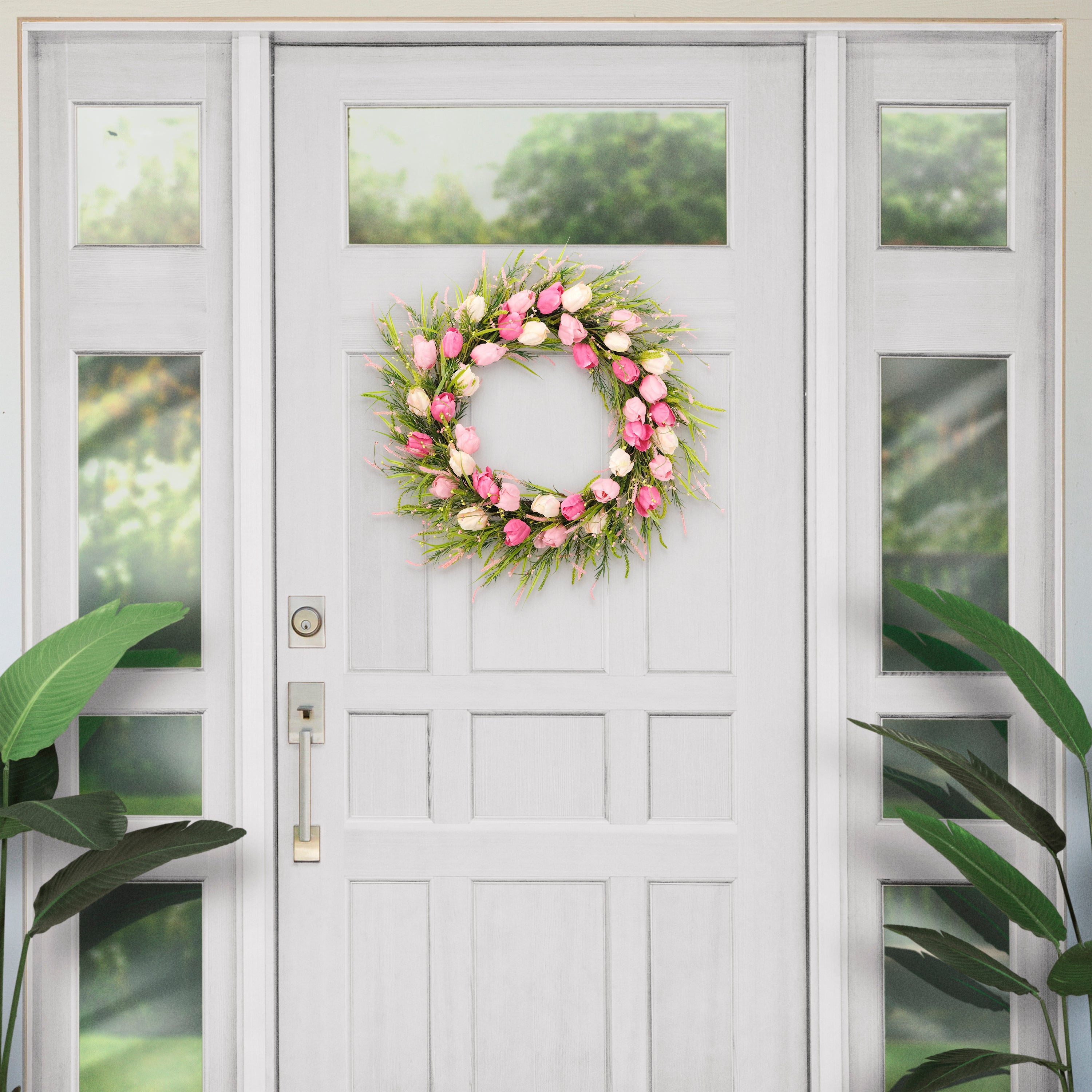 30" Artificial Green and Pink Tulip Floral Spring Door Wreath
