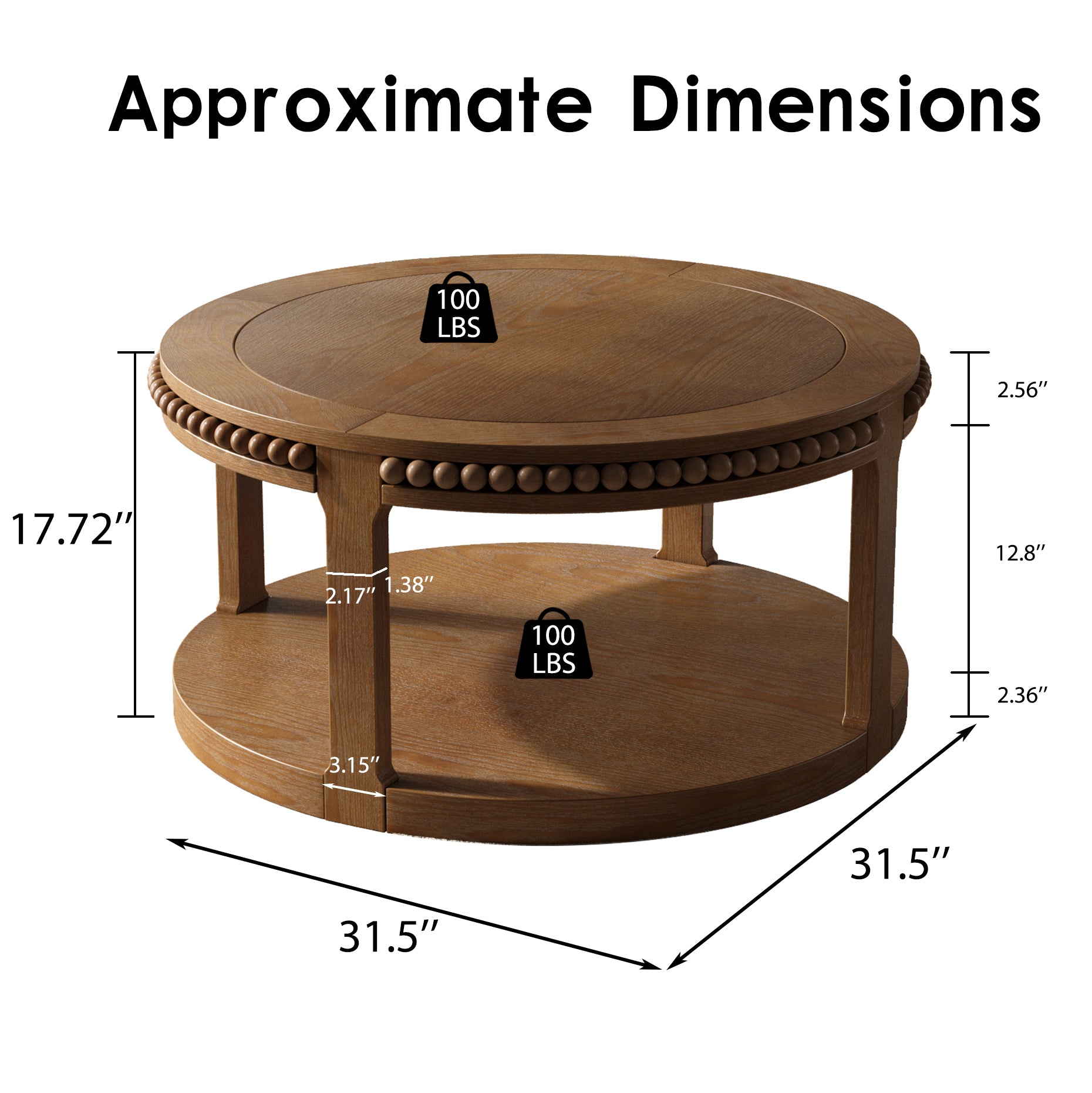 Round Solid Wood Coffee Table with Beaded Accent Edge