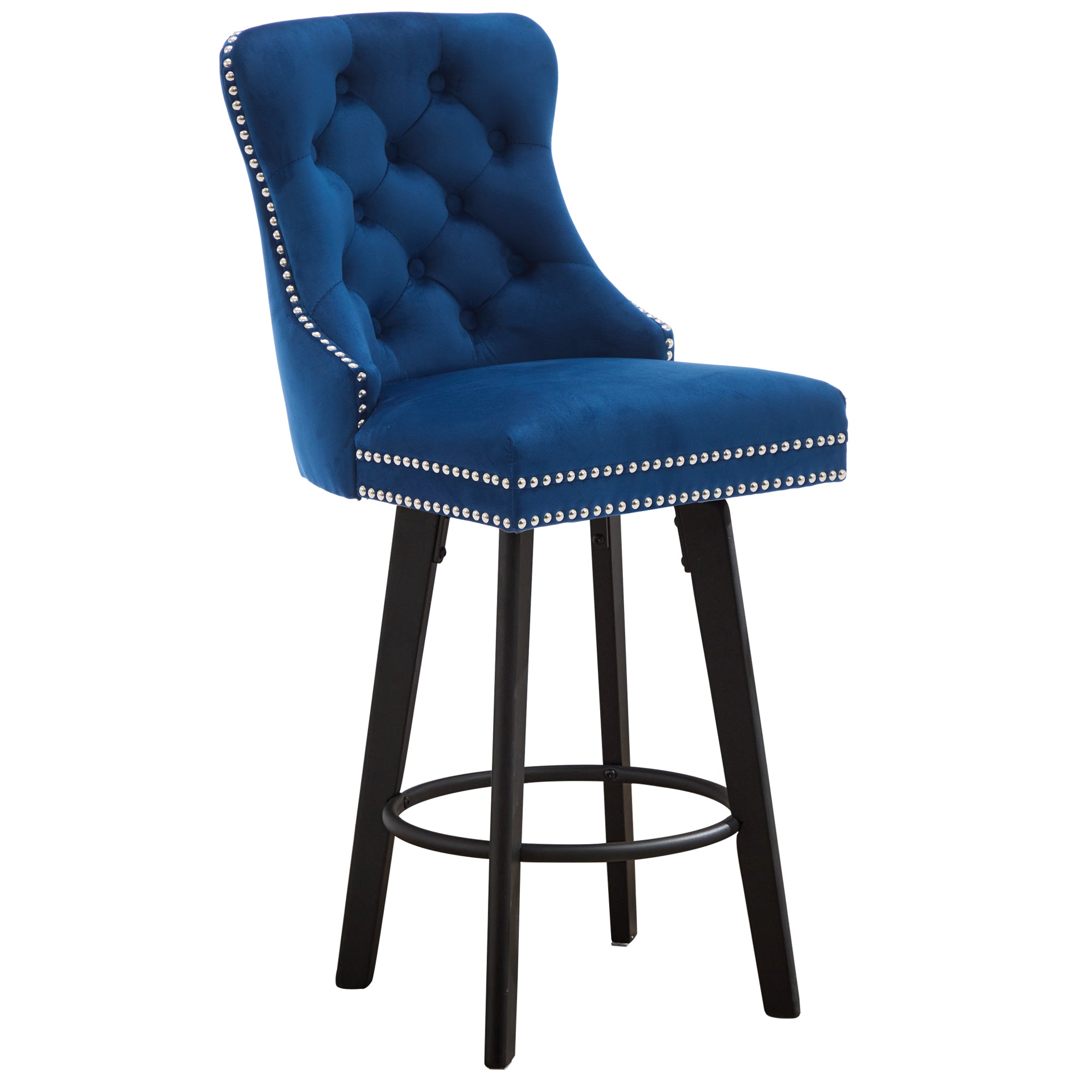 Modern Velvet Button Tufted Swivel Bar Stool with Metal Pull Ring