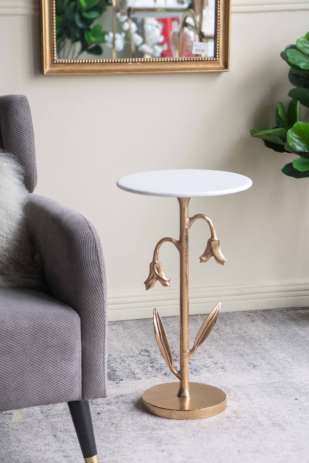 Gold Tulip Side Table With White Marble Top