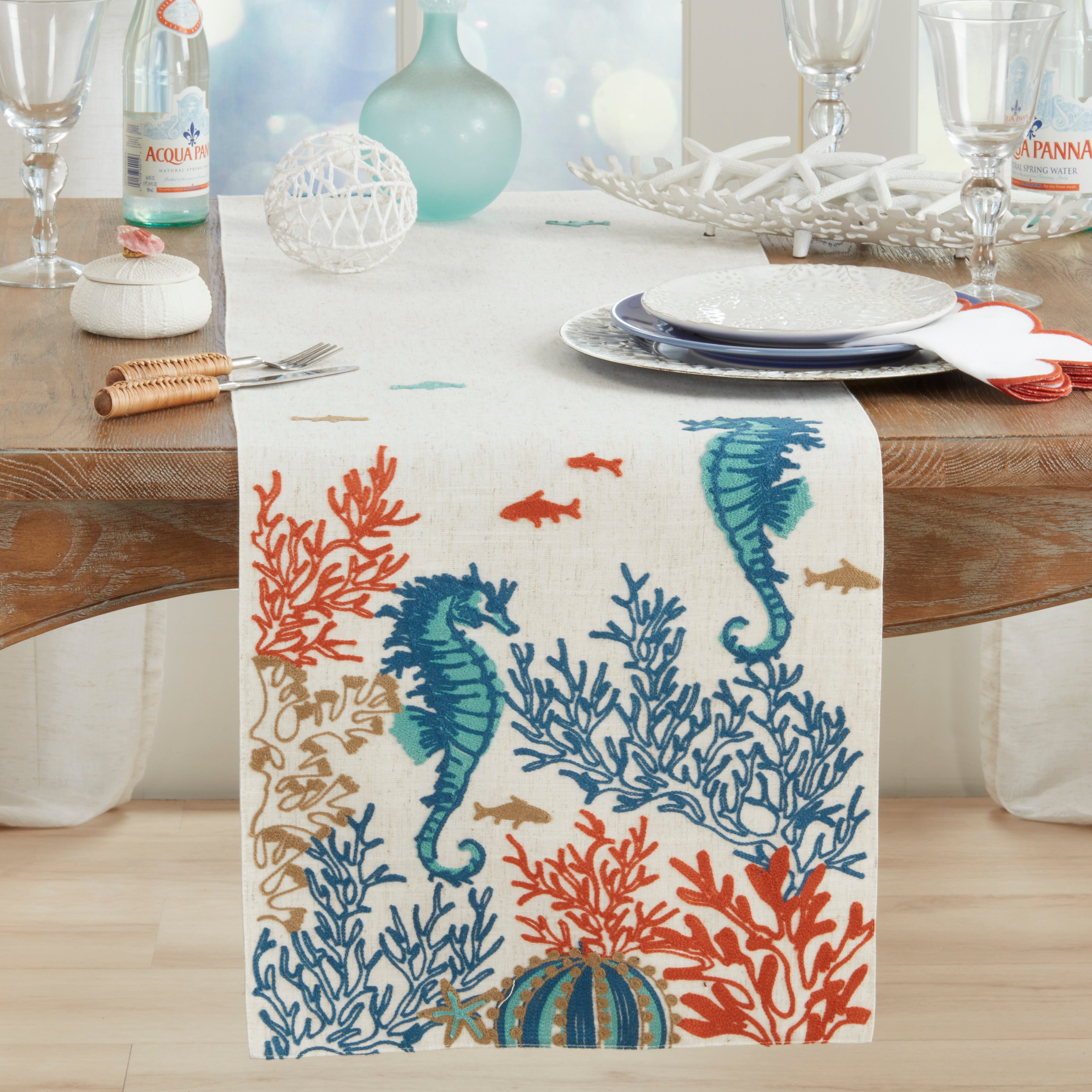 Linen Blend Sea Horse And Coral Table Runner
