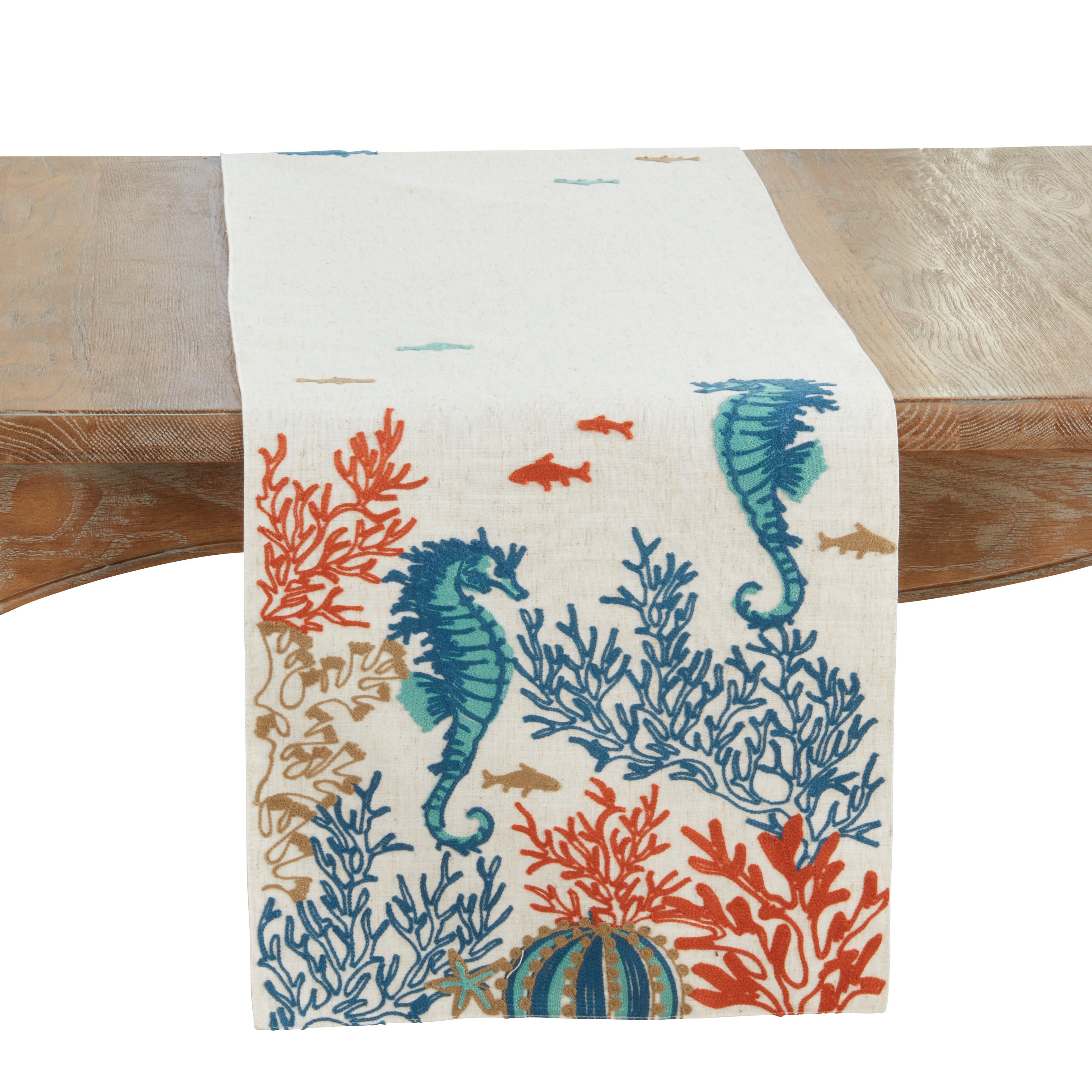 Linen Blend Sea Horse And Coral Table Runner