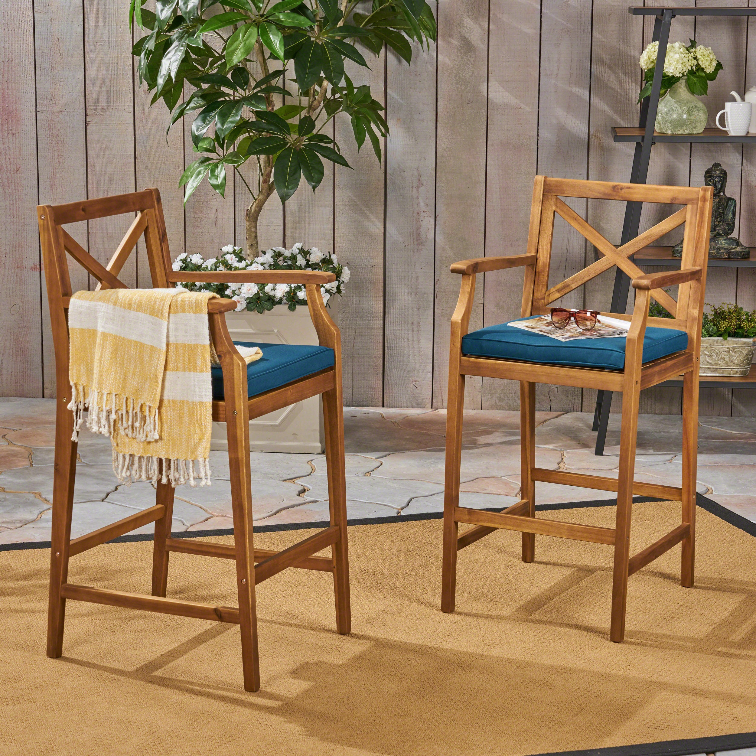 Perla Outdoor Acacia Wood Barstools, Set of 2