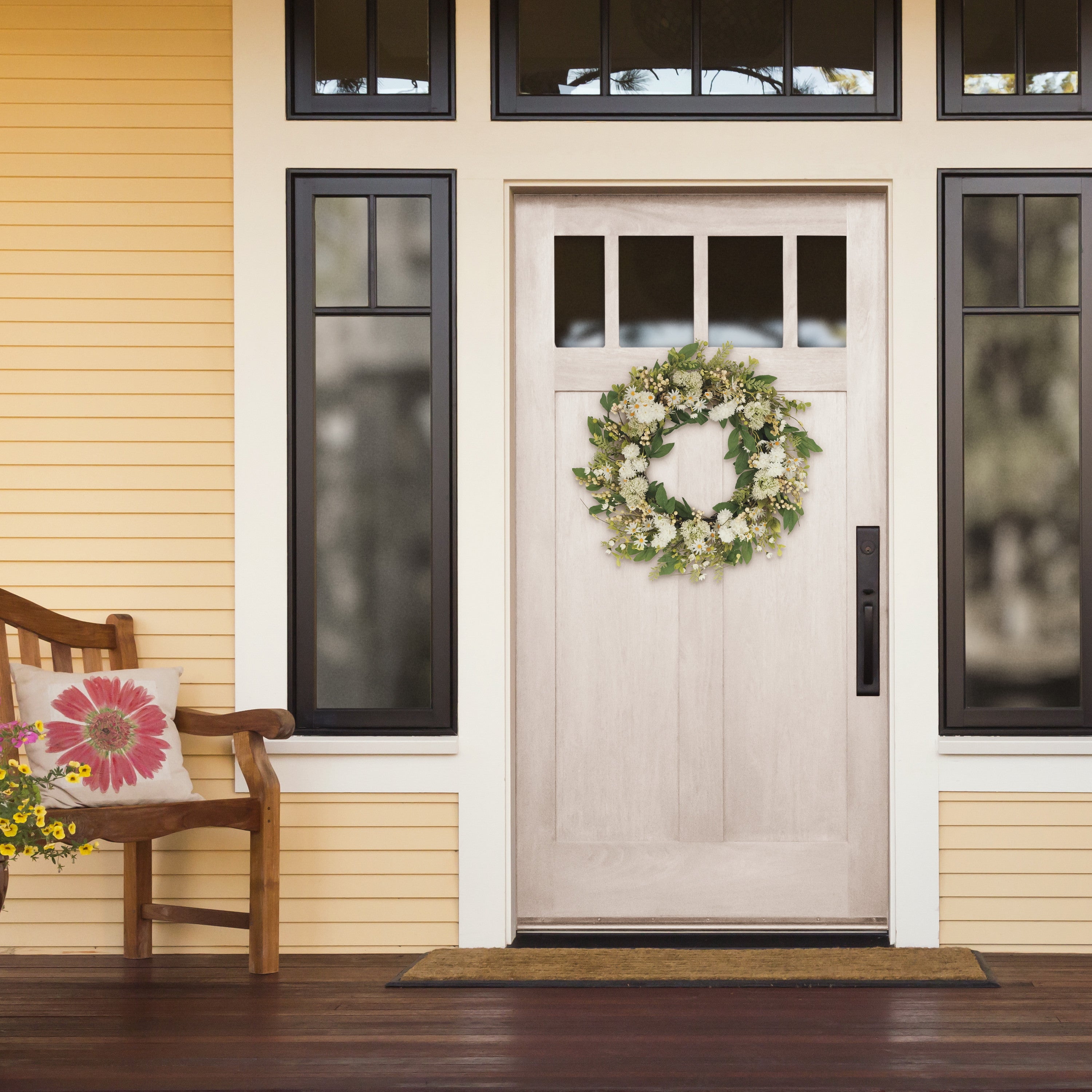 30" Artificial Chrysanthemum and Daisy  Green and White Floral Spring Wreath