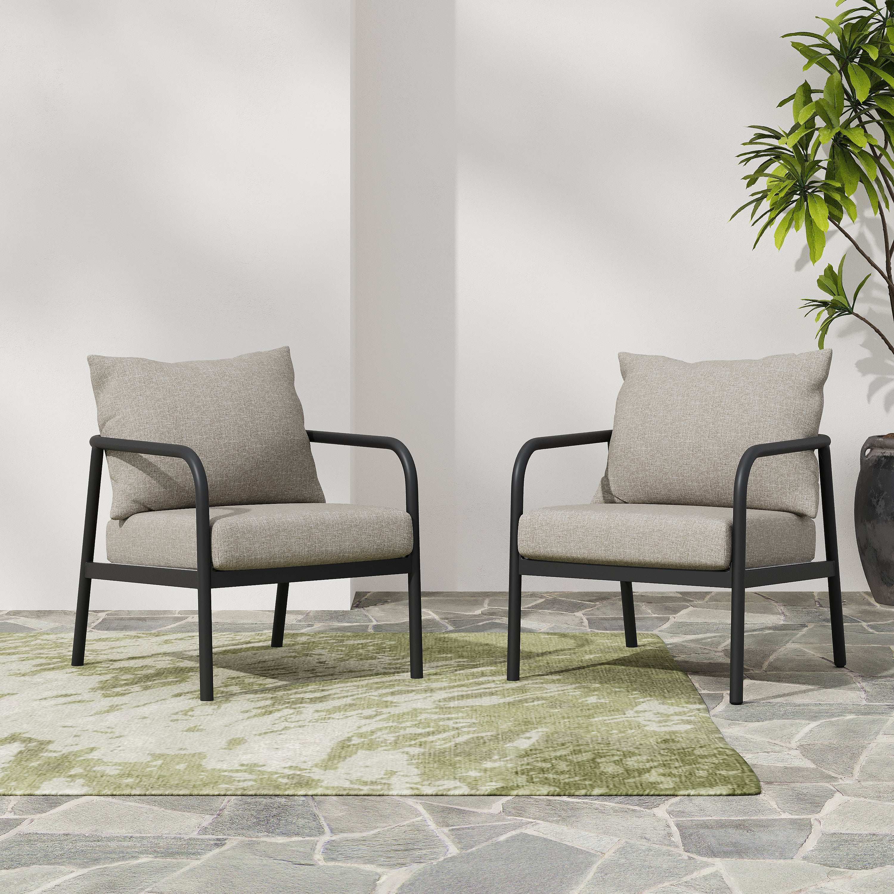 Outdoor Club Chair with Aluminum Frame, Padded Seat and back Cushions, Set of 2