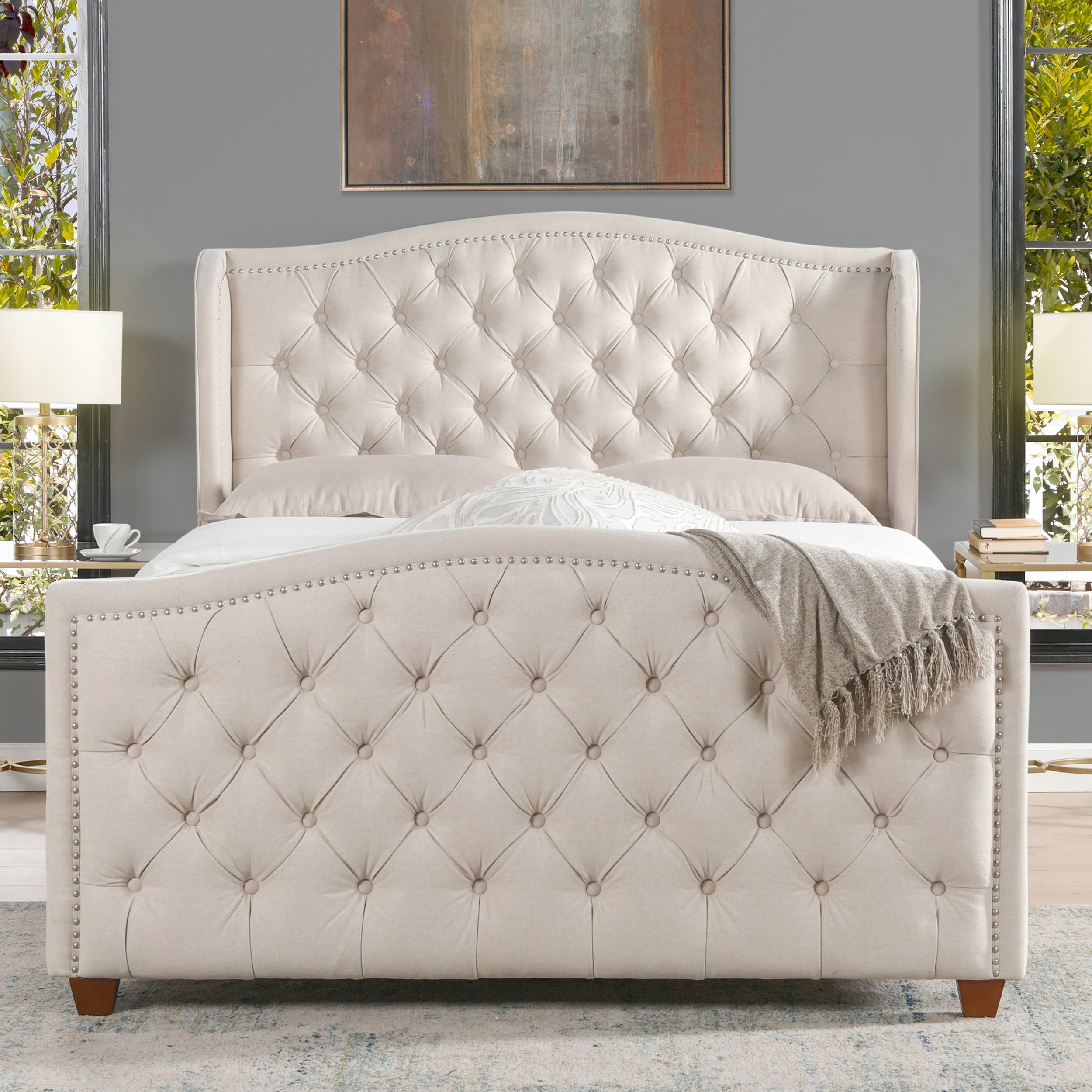 Queen Size Upholstered Bed with Button Tufting and Nailhead Trim